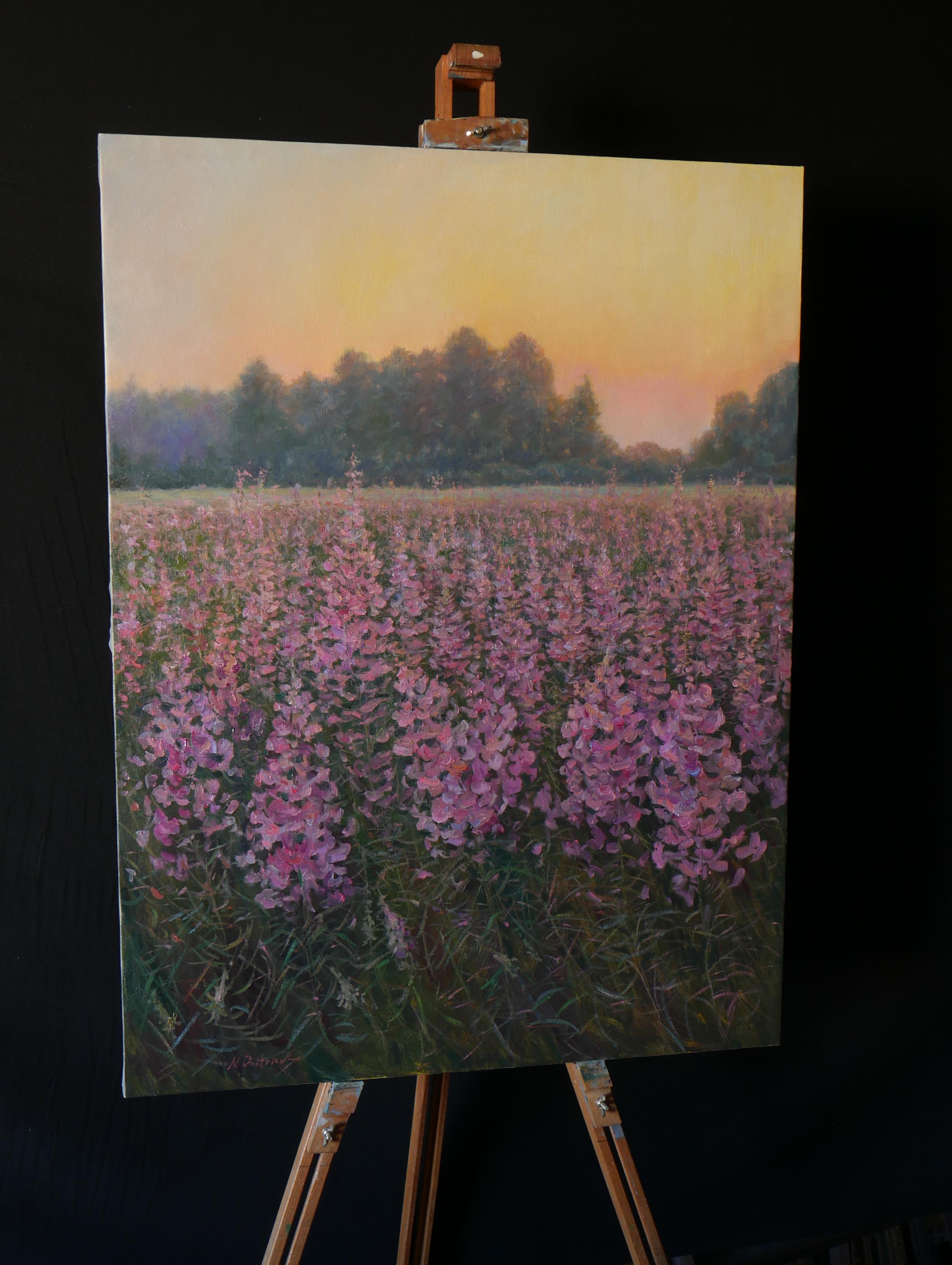 Sunset Over The Fireweed Field - sunset landscape painting - Impressionist Painting by Nikolay Dmitriev