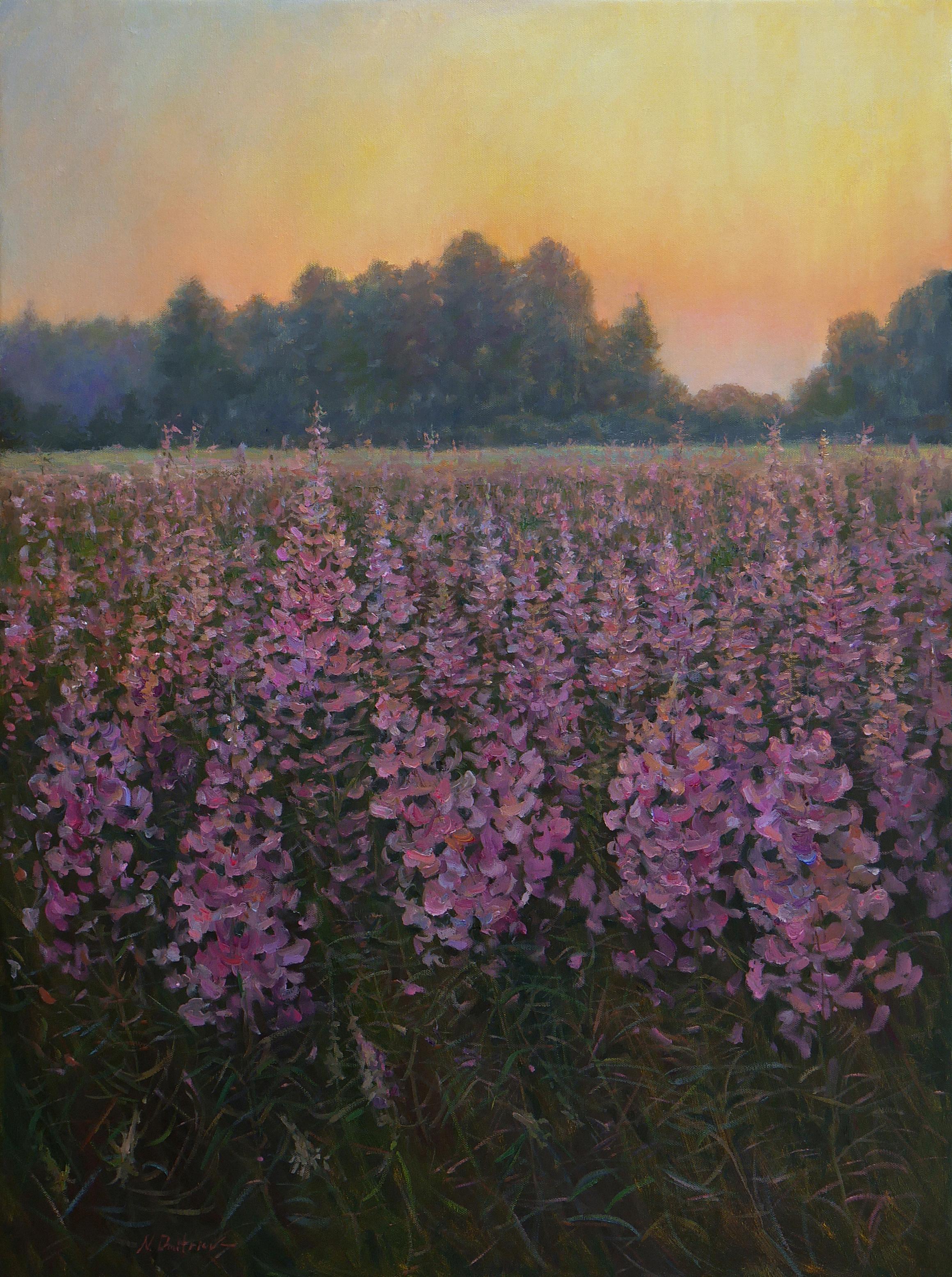 Nikolay Dmitriev Interior Painting - Sunset Over The Fireweed Field - sunset landscape painting