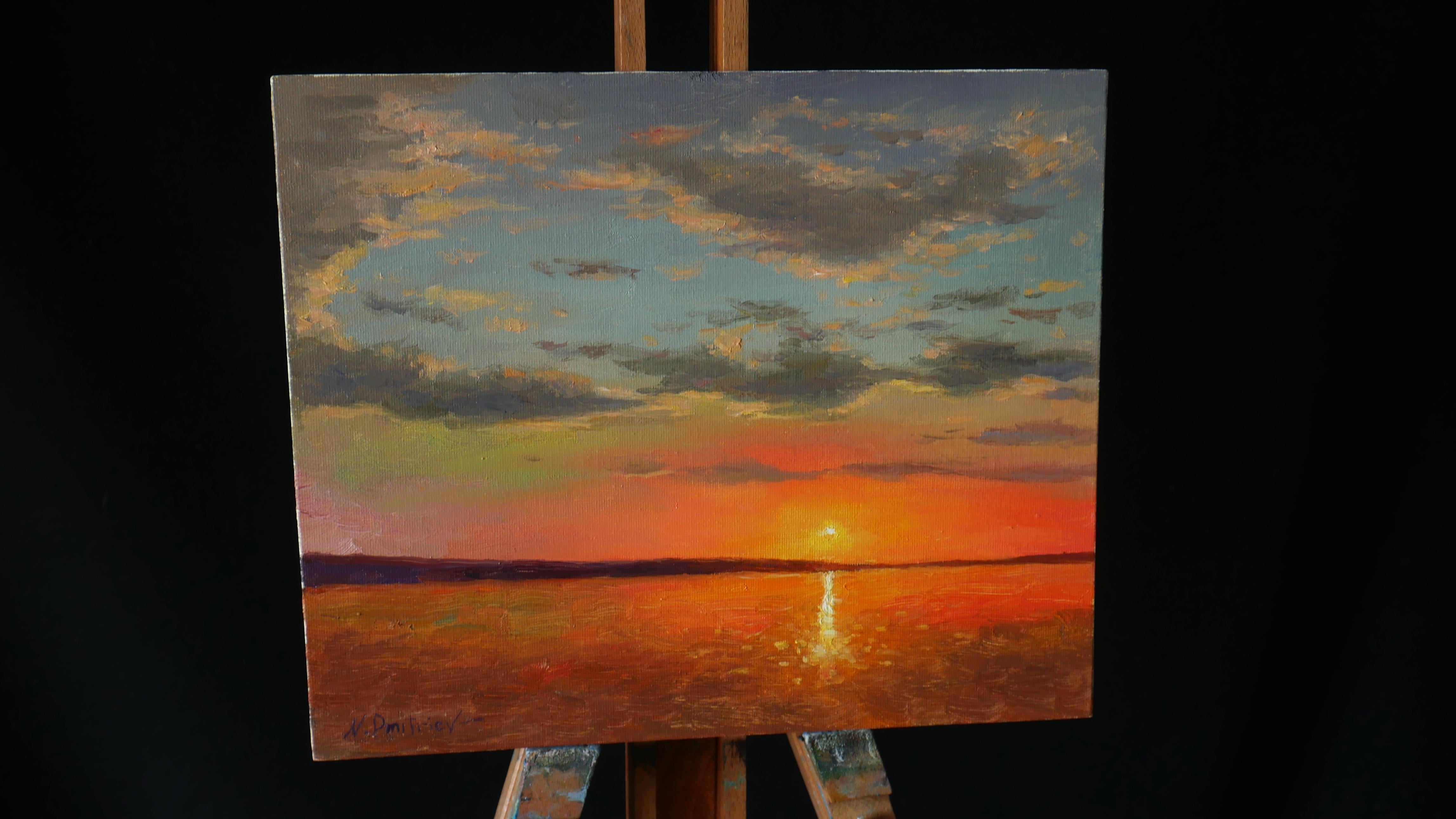 Sunset Over The Lake - original sunny landscape, painting - Painting by Nikolay Dmitriev