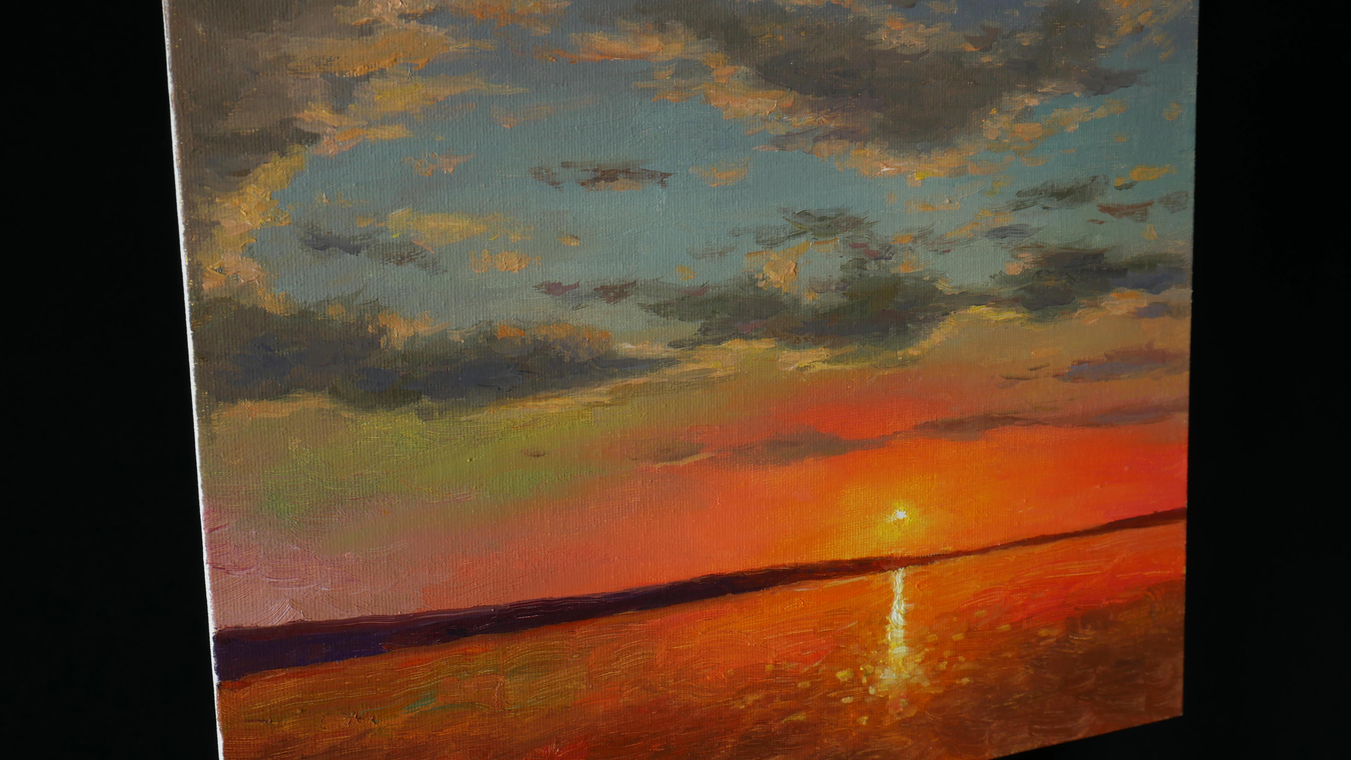 Sunset Over The Lake - original sunny landscape, painting - Impressionist Painting by Nikolay Dmitriev