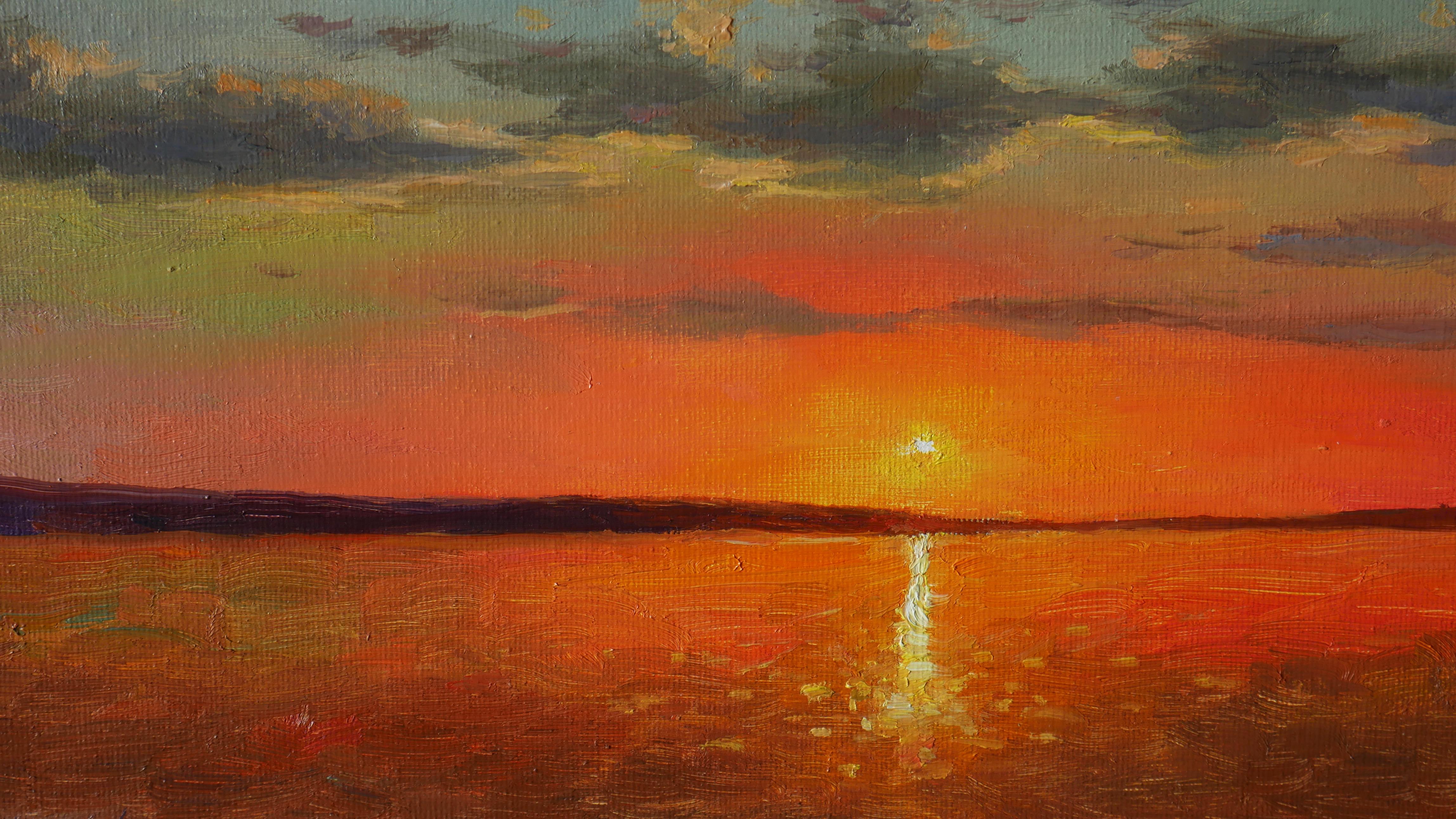 Sunset Over The Lake - original sunny landscape, painting For Sale 1