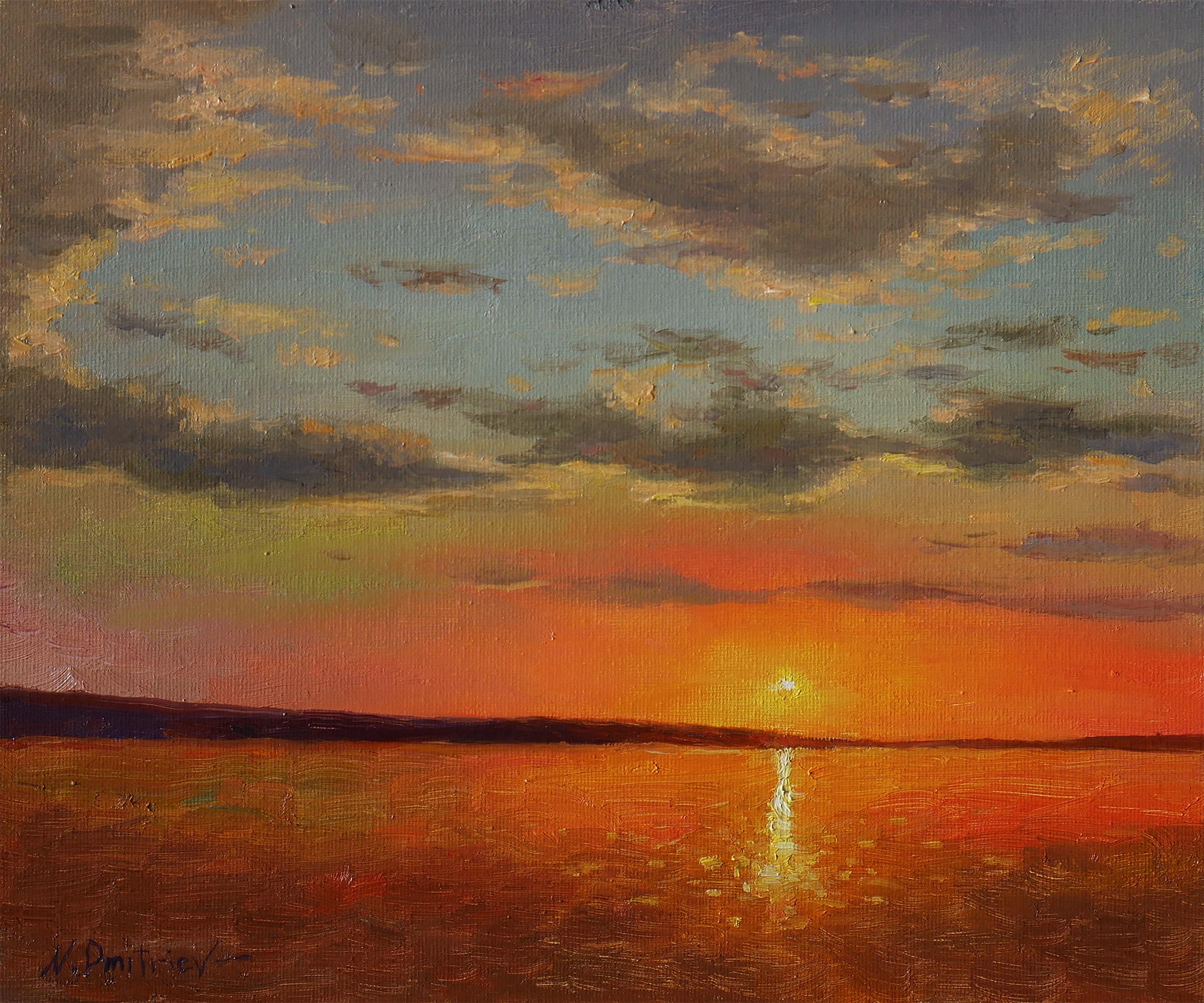 Nikolay Dmitriev Interior Painting - Sunset Over The Lake - original sunny landscape, painting