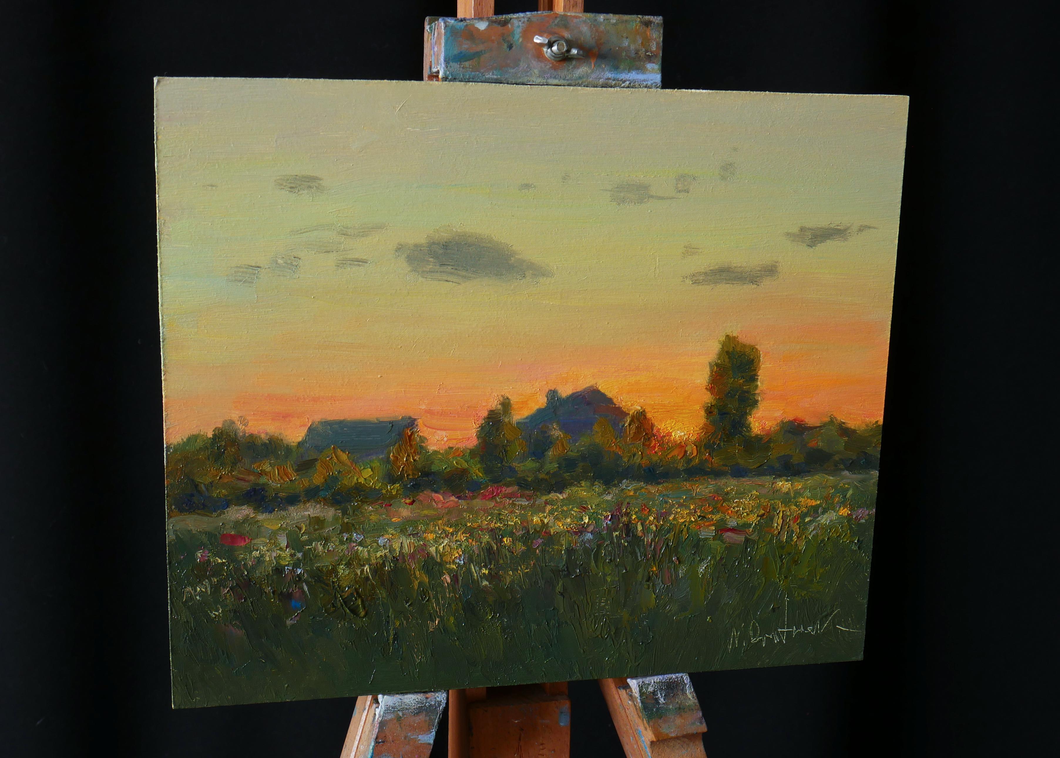 Puesta de sol sobre la pradera. Pintura al óleo - Painting de Nikolay Dmitriev