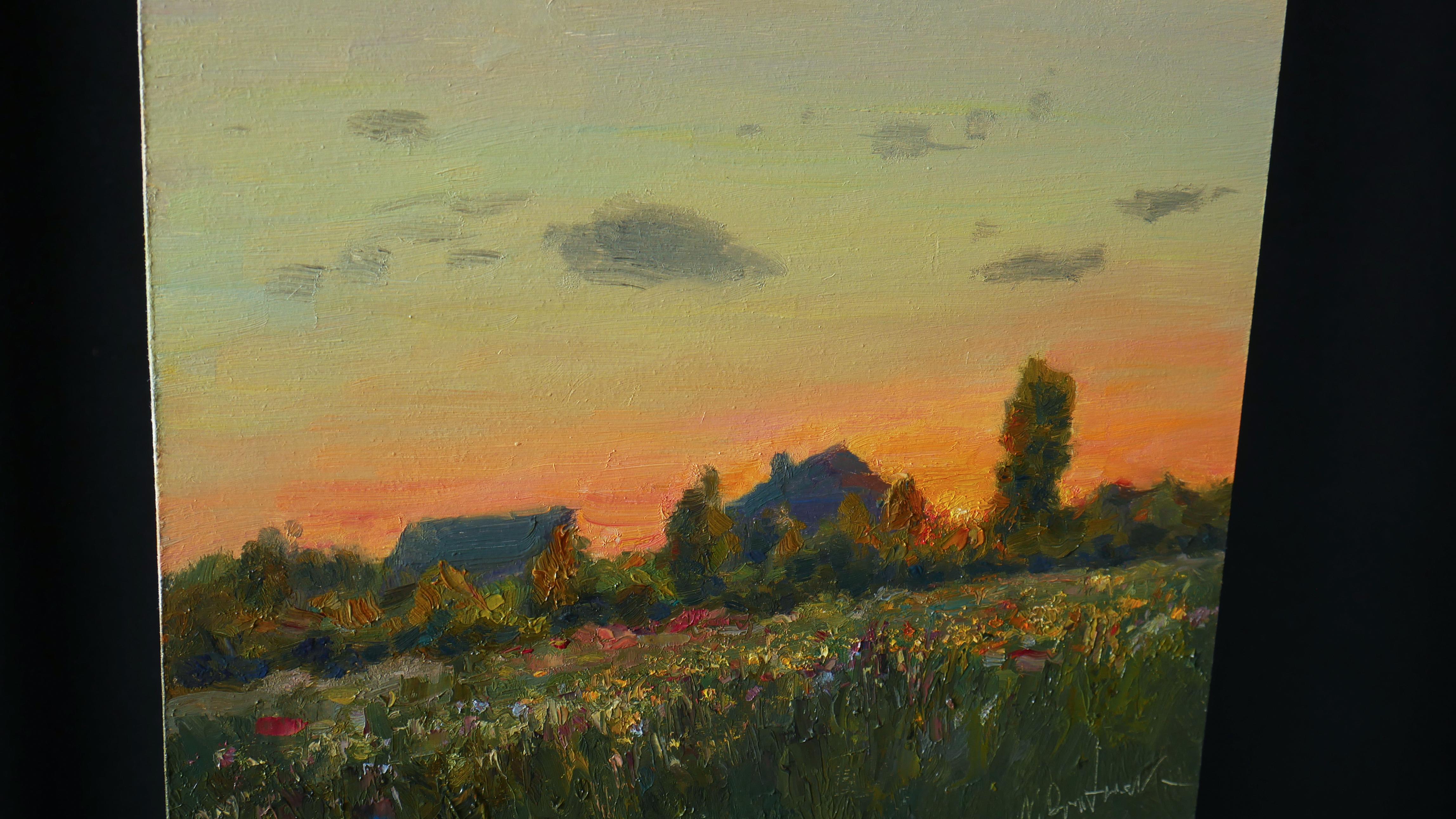 Puesta de sol sobre la pradera. Pintura al óleo - Painting Impresionista de Nikolay Dmitriev
