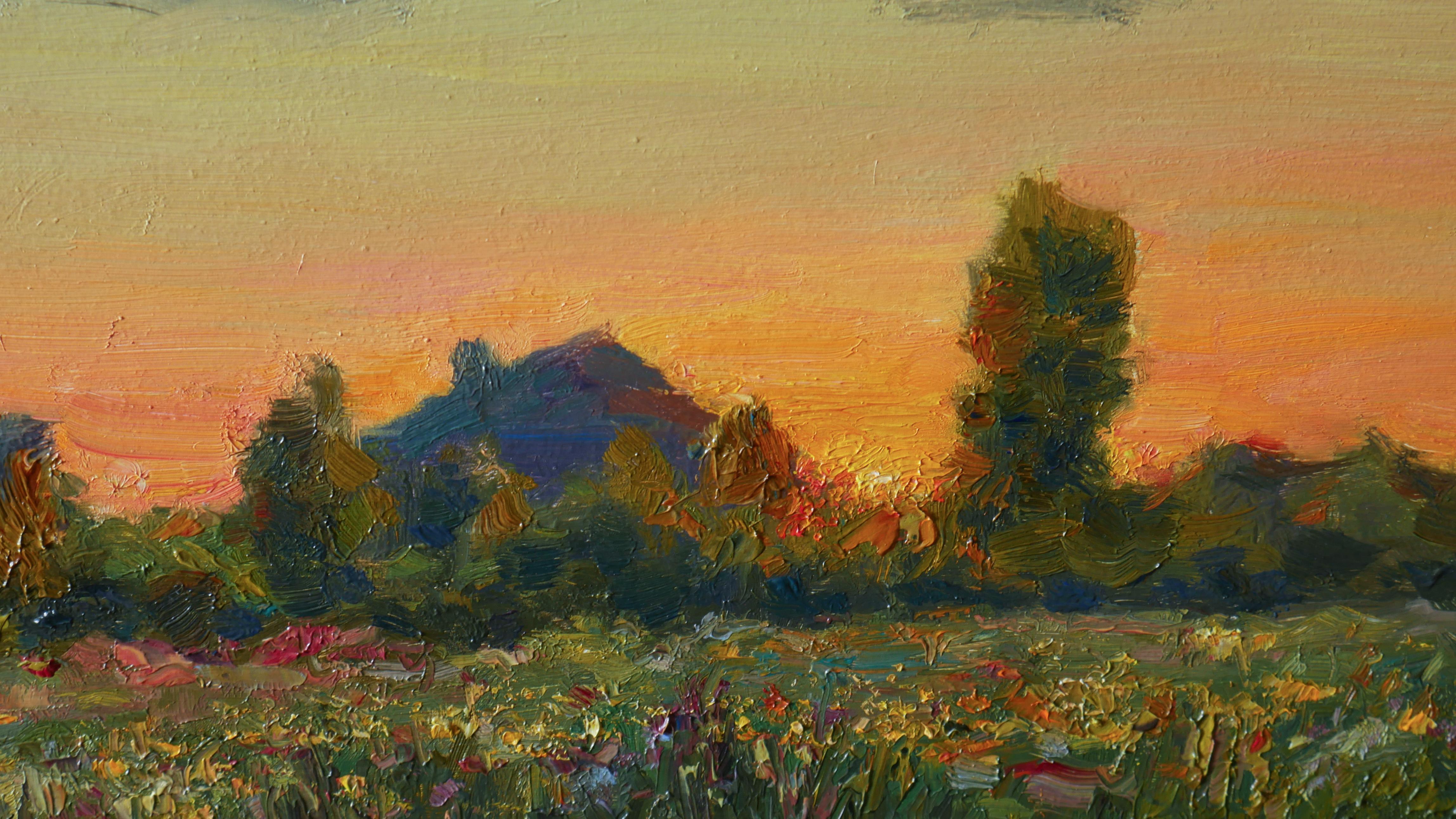 Puesta de sol sobre la pradera. Pintura al óleo - Landscape Painting Marrón de Nikolay Dmitriev