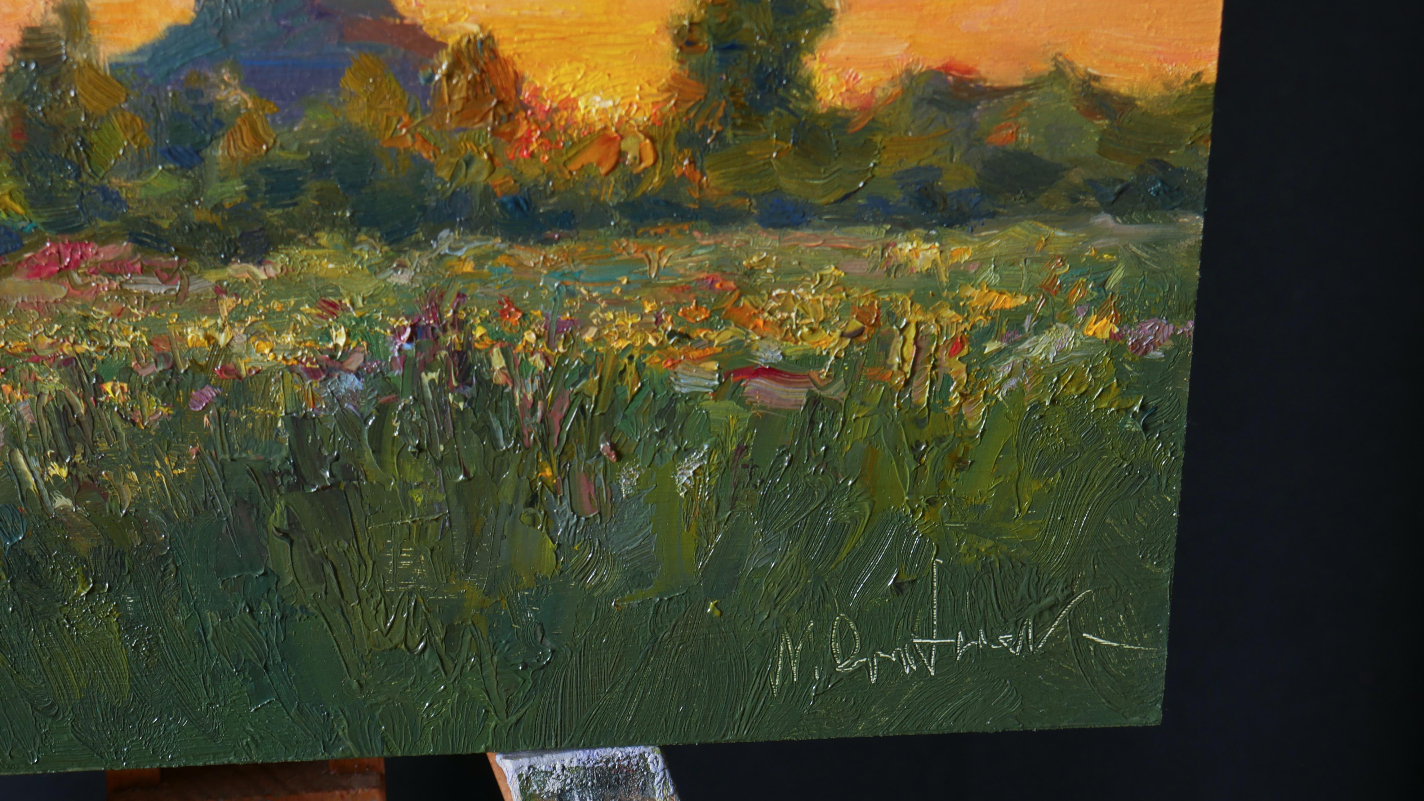Puesta de sol sobre la pradera. Pintura al óleo en venta 2