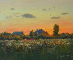 Coucher de soleil sur The Meadow. Peinture à l'huile