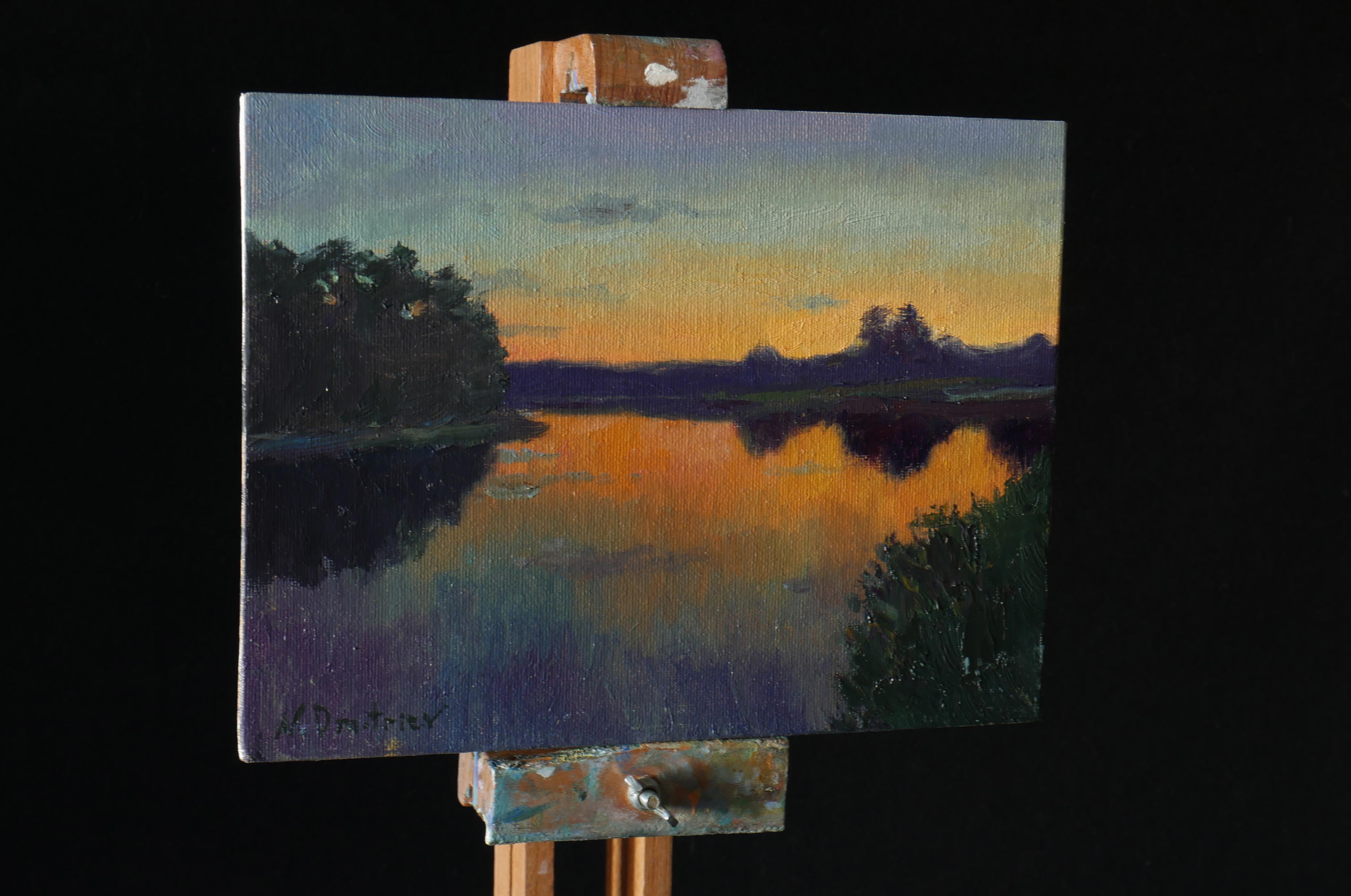 Sunset Over the Pond - original sunny landscape, painting - Painting by Nikolay Dmitriev