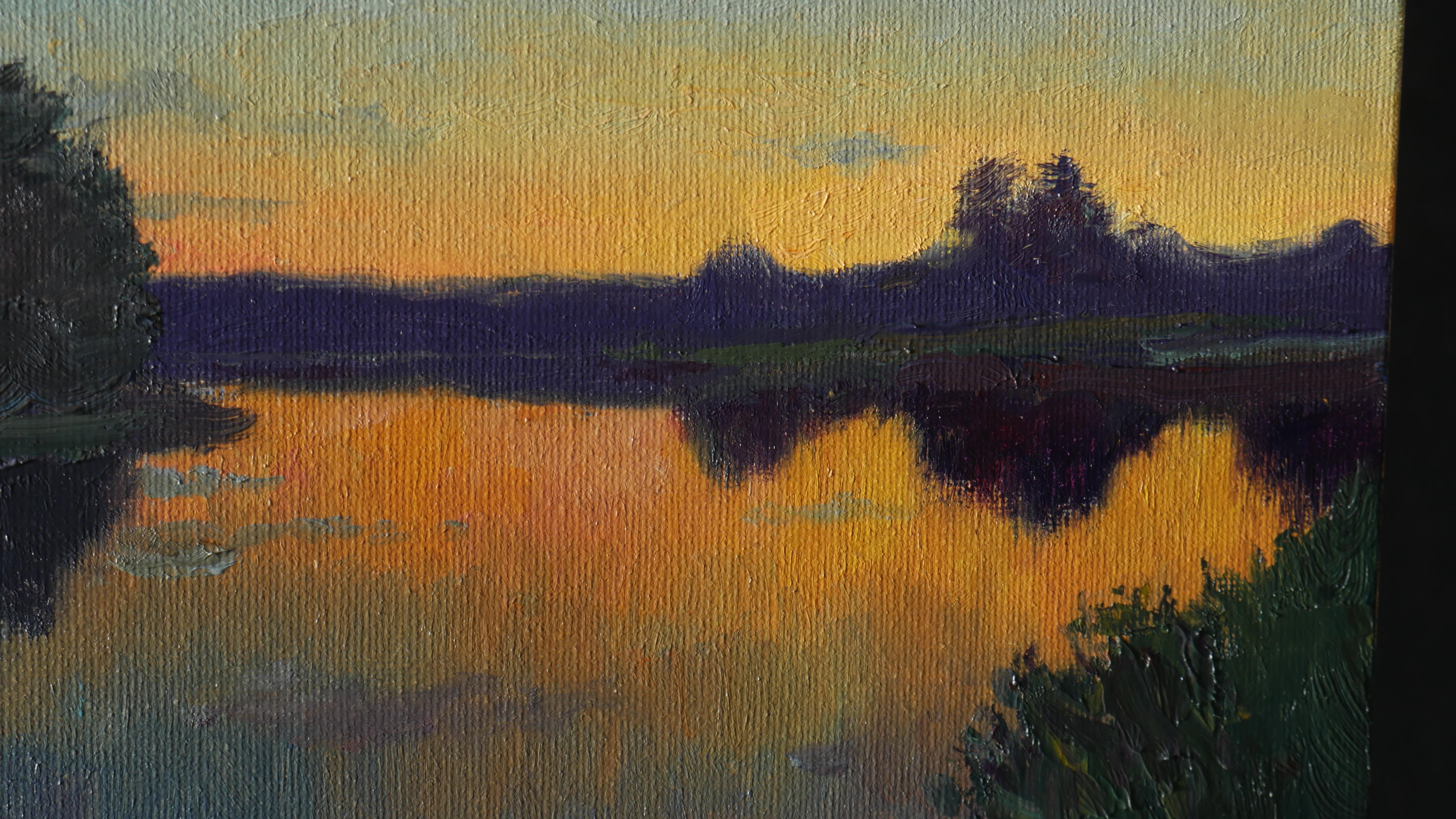 The evening impressionist painting with the pond and the setting Sun is a beautiful wall decor, the painting is full of different colours, combinations of warm and cold shades are professionally captured by the artist. The artwork is created en