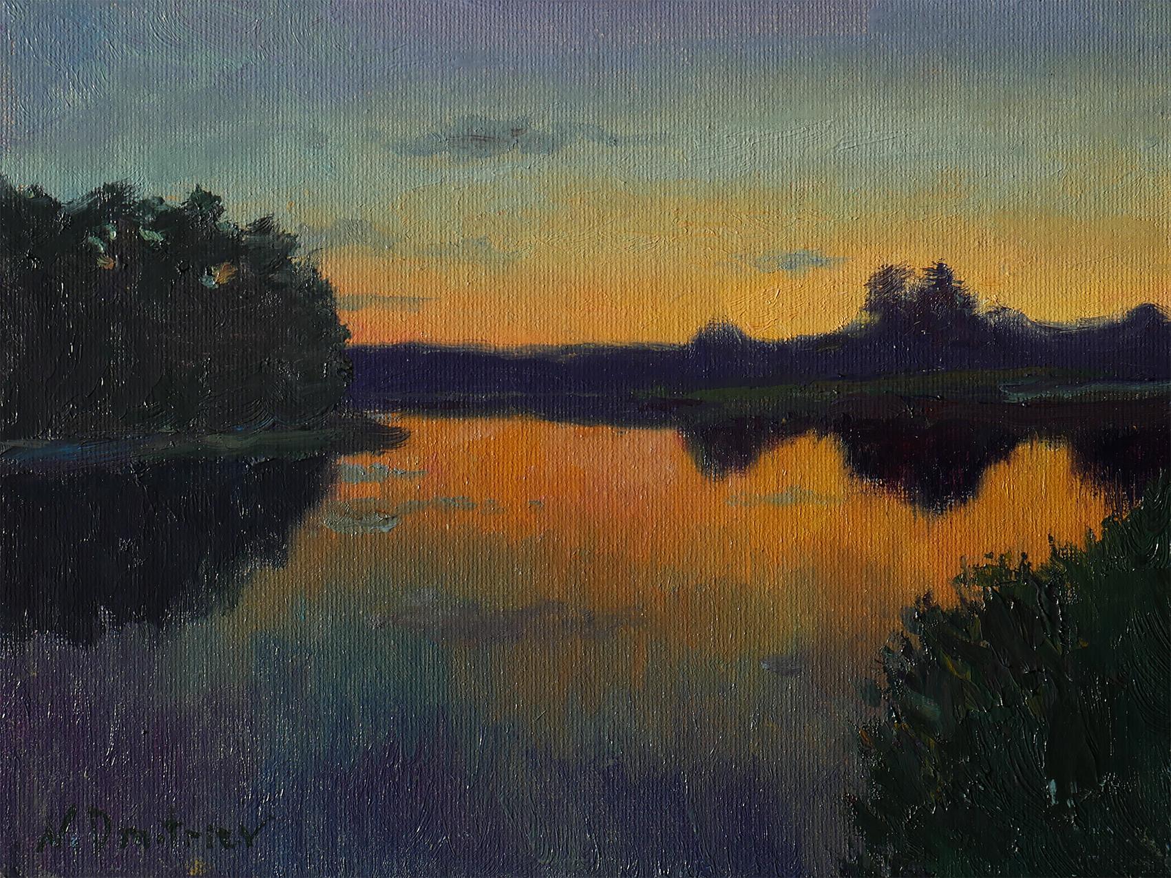 Coucher de soleil sur l'étang - paysage ensoleillé original, peinture