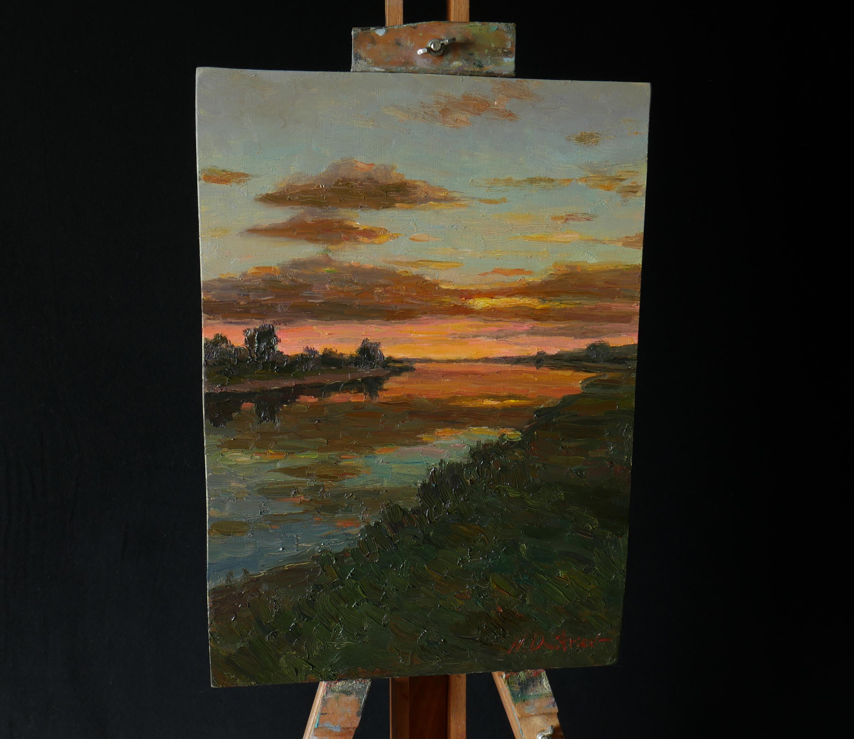 Sunset over the river - sunset landscape painting - Painting by Nikolay Dmitriev
