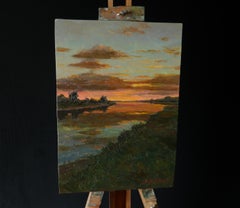 Sunset over the river - sunset landscape painting