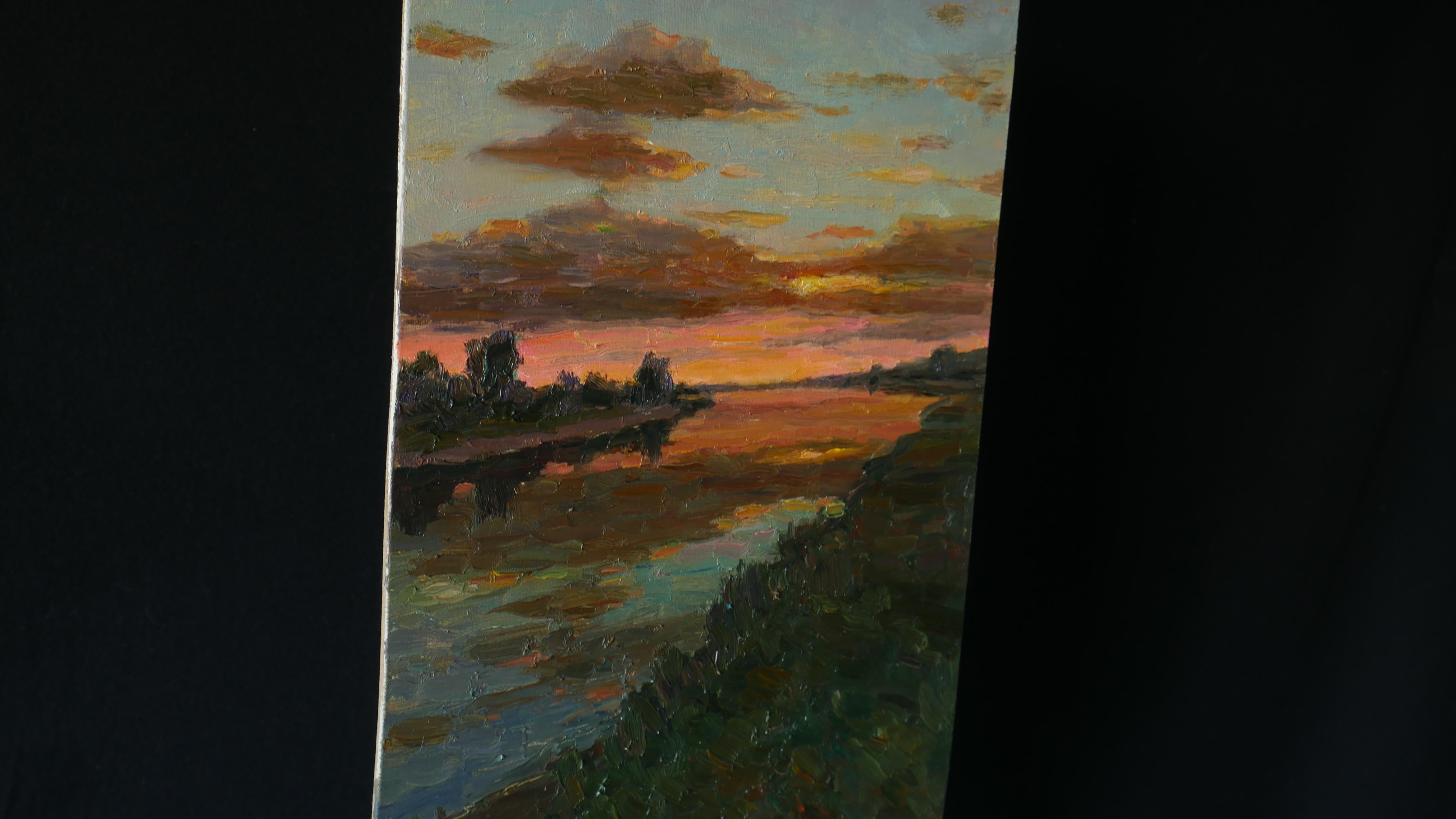 Sonnenuntergang über dem Fluss – Landschaftsgemälde bei Sonnenuntergang (Impressionismus), Painting, von Nikolay Dmitriev
