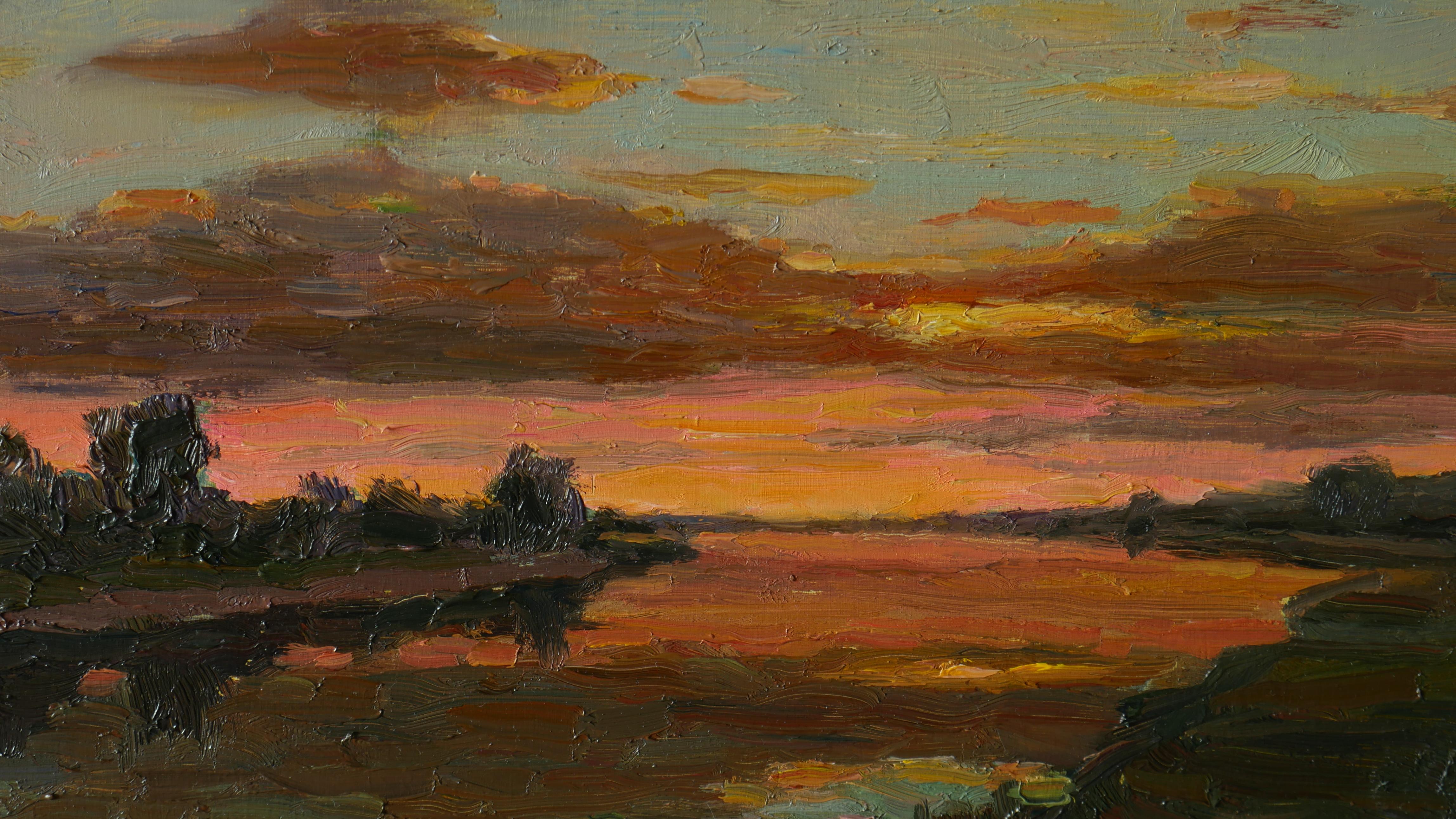 Das sonnige Sommerbild mit Sonnenuntergang ist eine schöne Wanddekoration, das Gemälde ist en plein air entstanden, das Kunstwerk ist voll von verschiedenen leuchtenden Farben, Kombinationen von warmen und kalten Tönen sind professionell vom