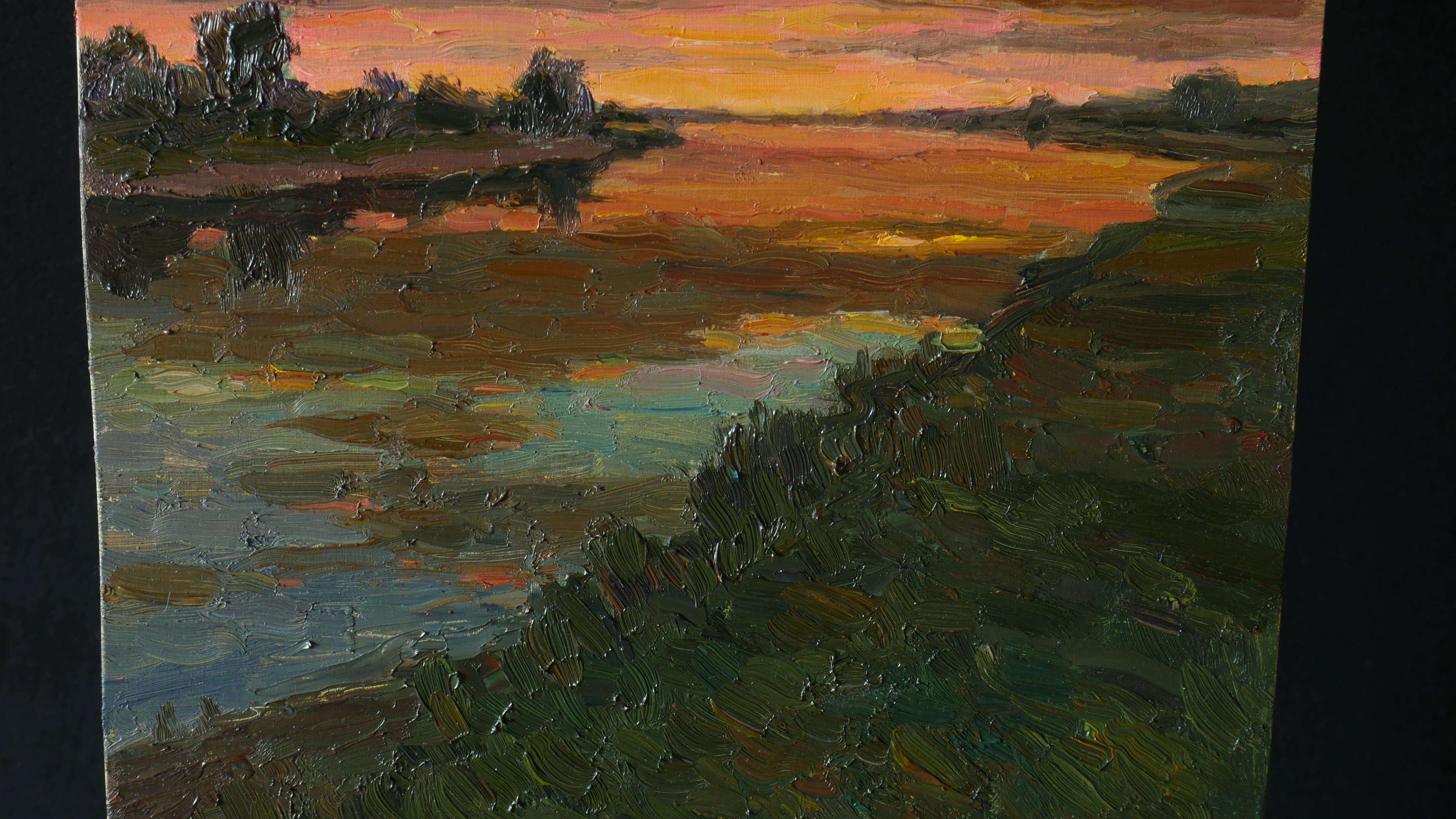 Sonnenuntergang über dem Fluss – Landschaftsgemälde bei Sonnenuntergang im Angebot 1