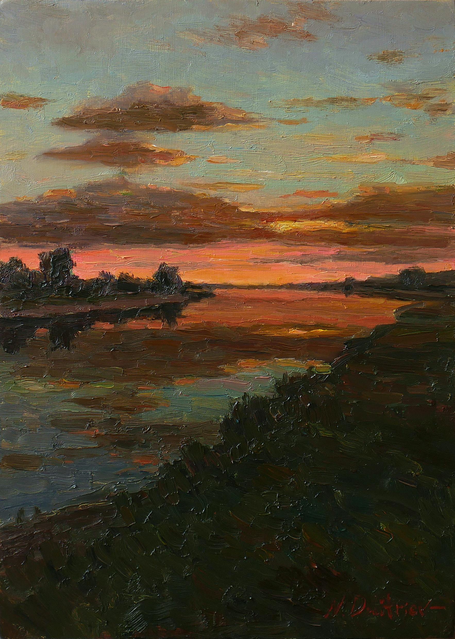 Puesta de sol sobre el río - pintura de paisaje al atardecer