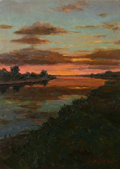 Puesta de sol sobre el río - pintura de paisaje al atardecer