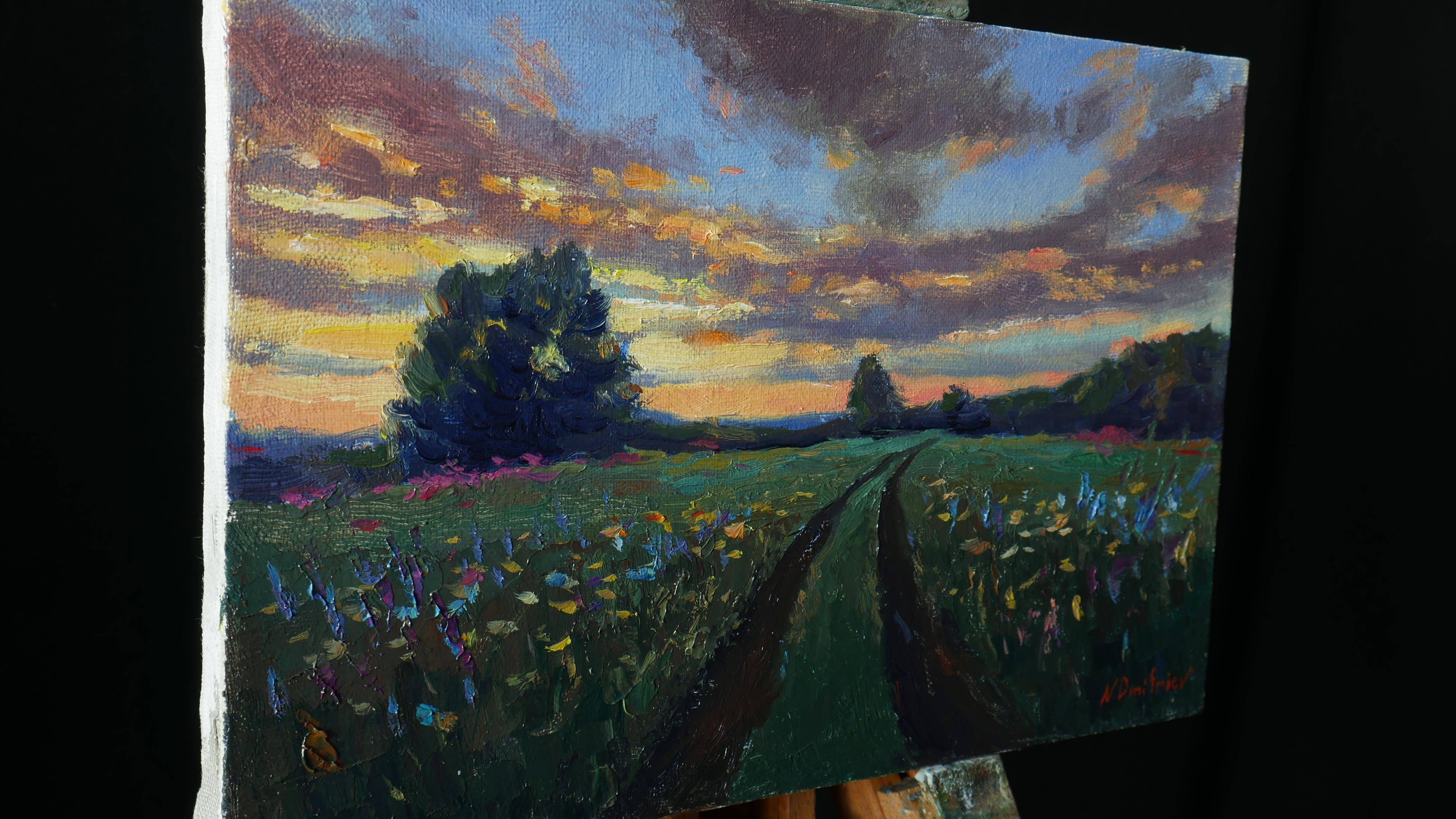 Sunset Over Wildflowers Field - summer landscape painting - Impressionist Painting by Nikolay Dmitriev