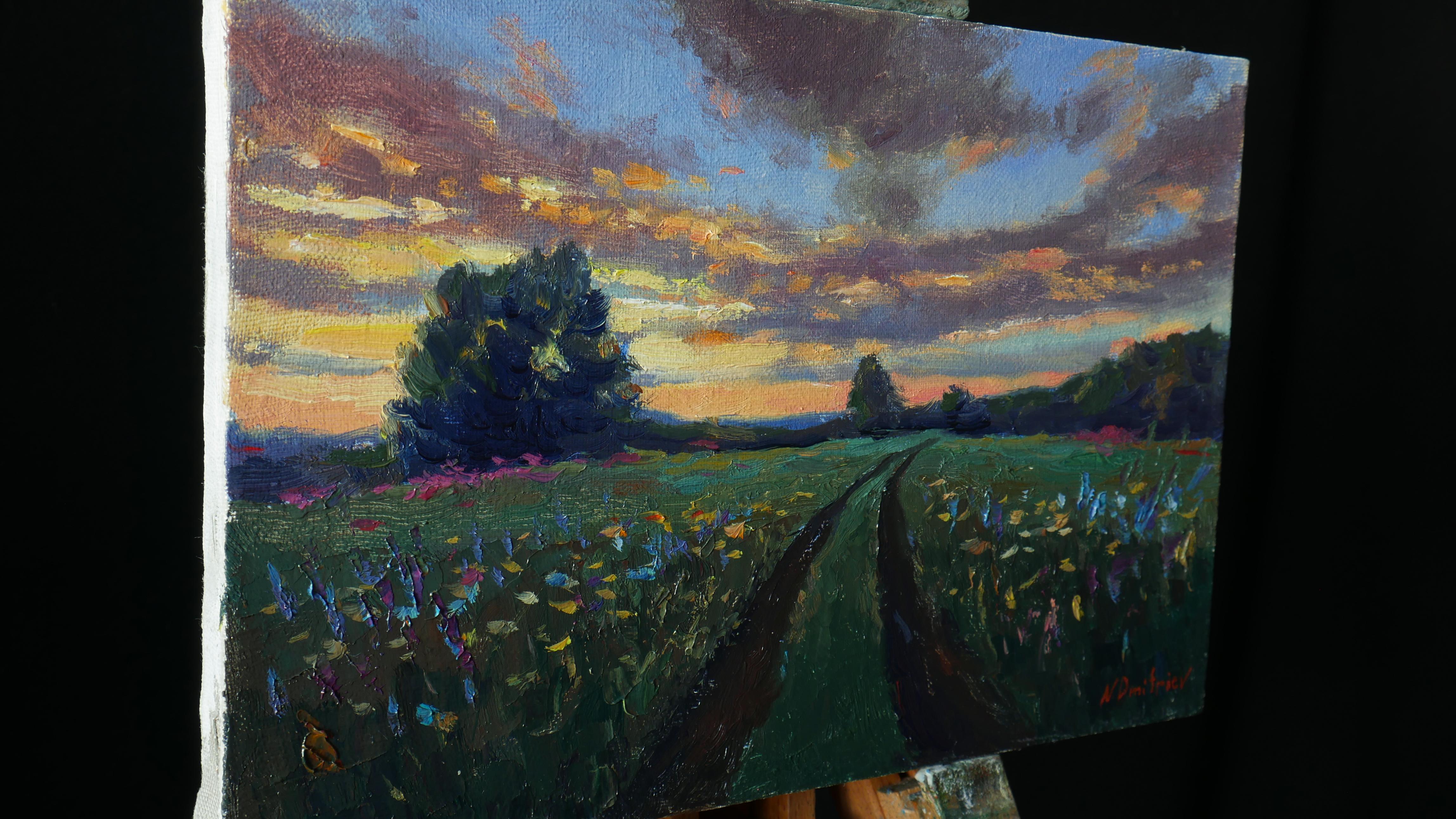 Sonnenuntergang über Wildblumenfeld – Sommerlandschaftsgemälde (Impressionismus), Painting, von Nikolay Dmitriev