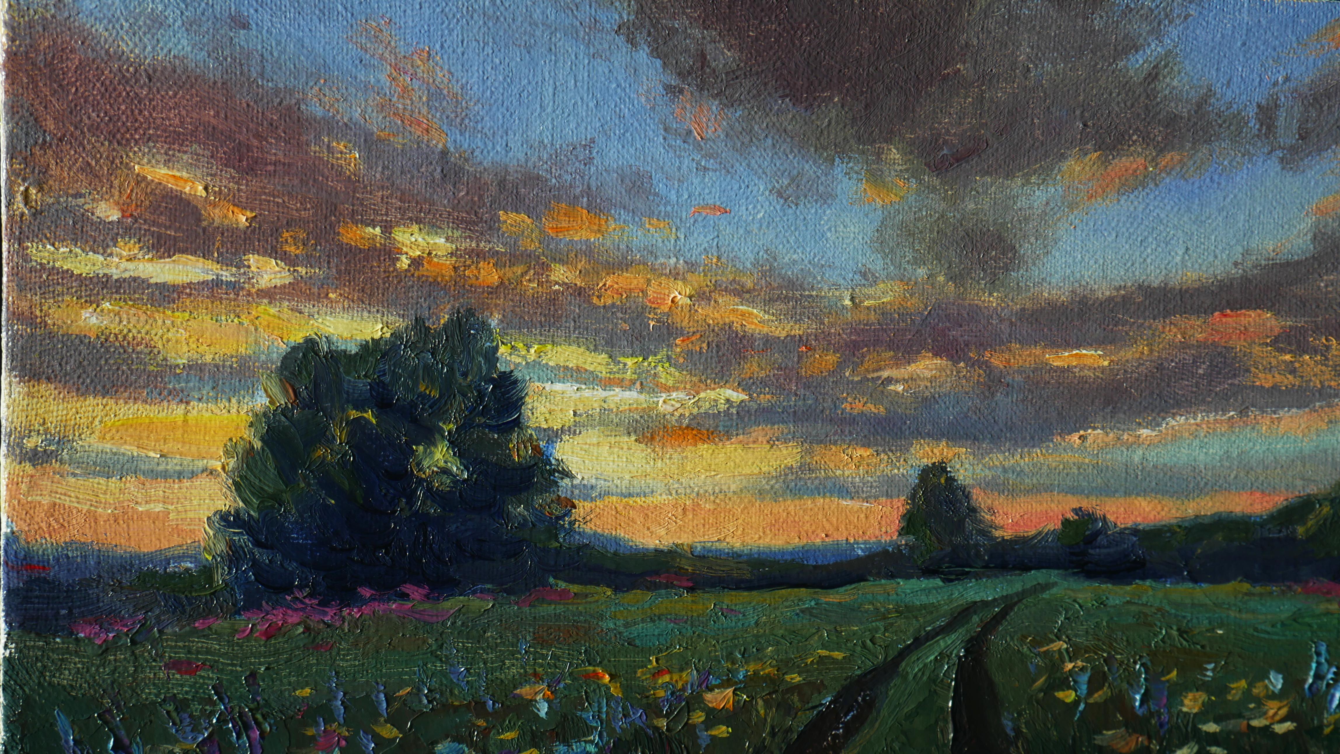 A summer landscape with sunset and meadow flowers is a great decoration for any interior. Evening is a momentary state of nature, but it's amazing at the same time. Dawns and sunsets always inspire the artist. The painting is a wonderful purchase