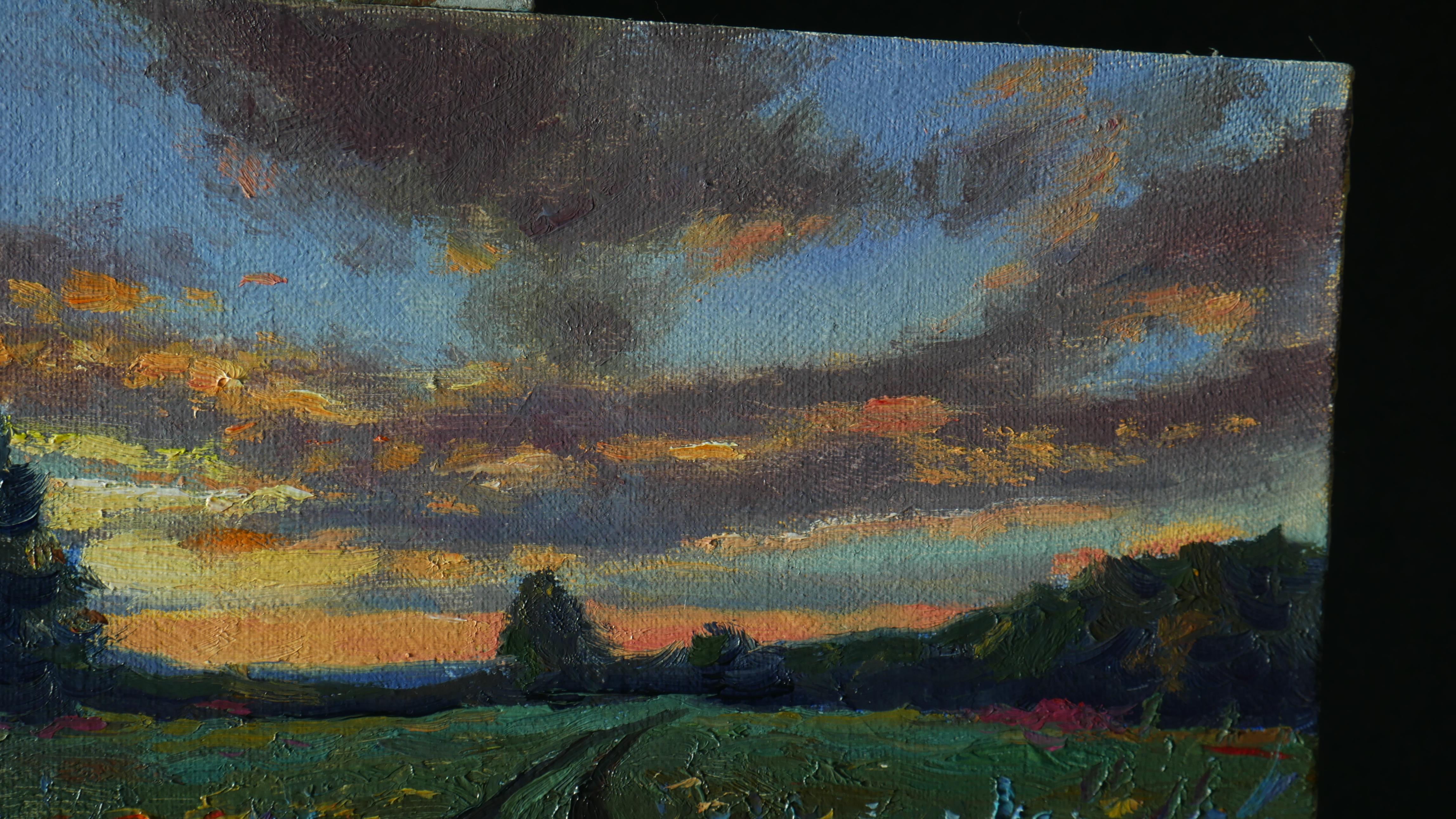 Sunset Over Wildflowers Field - summer landscape painting For Sale 1
