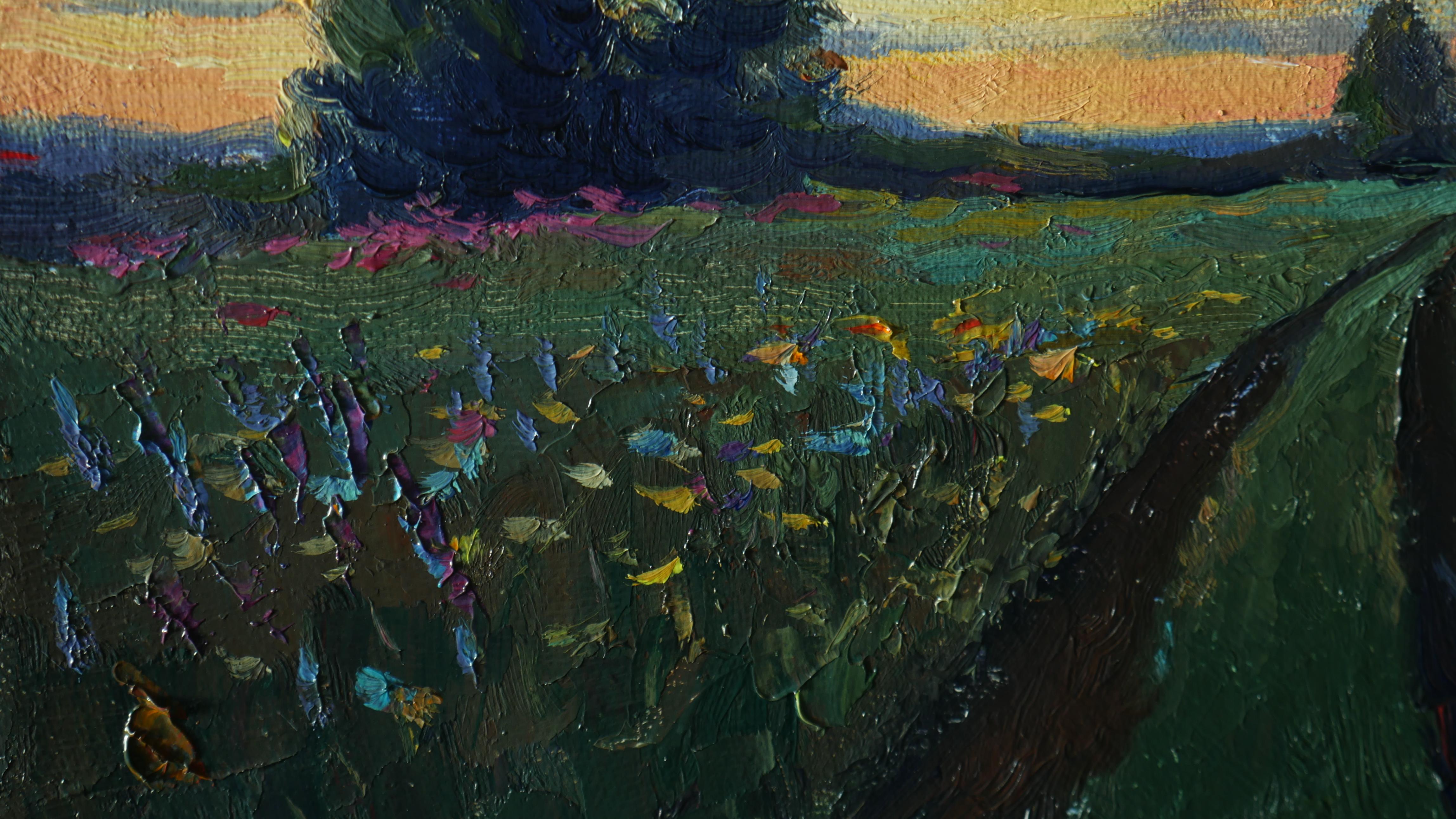 Sonnenuntergang über Wildblumenfeld – Sommerlandschaftsgemälde im Angebot 1