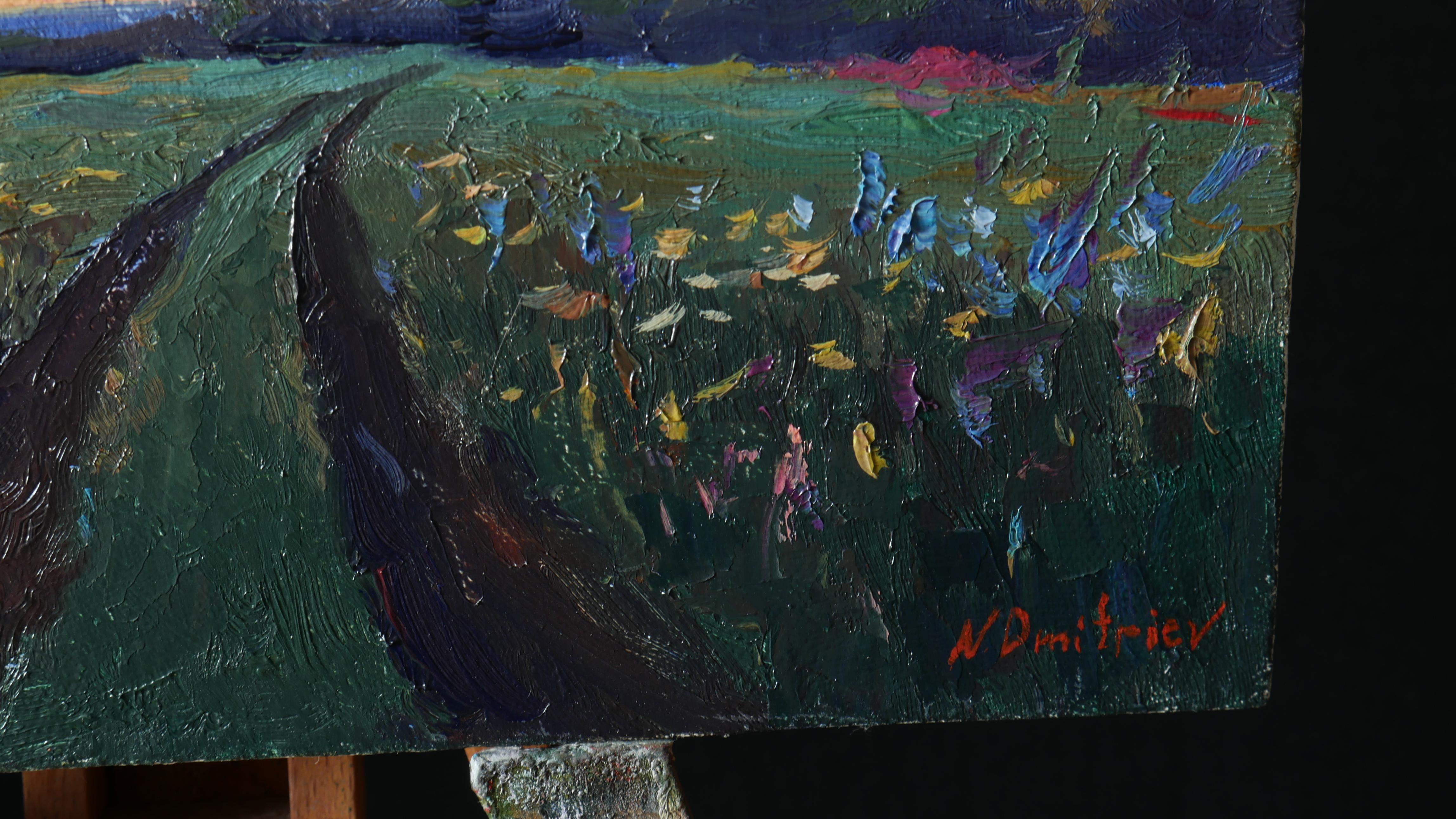 Sonnenuntergang über Wildblumenfeld – Sommerlandschaftsgemälde im Angebot 2