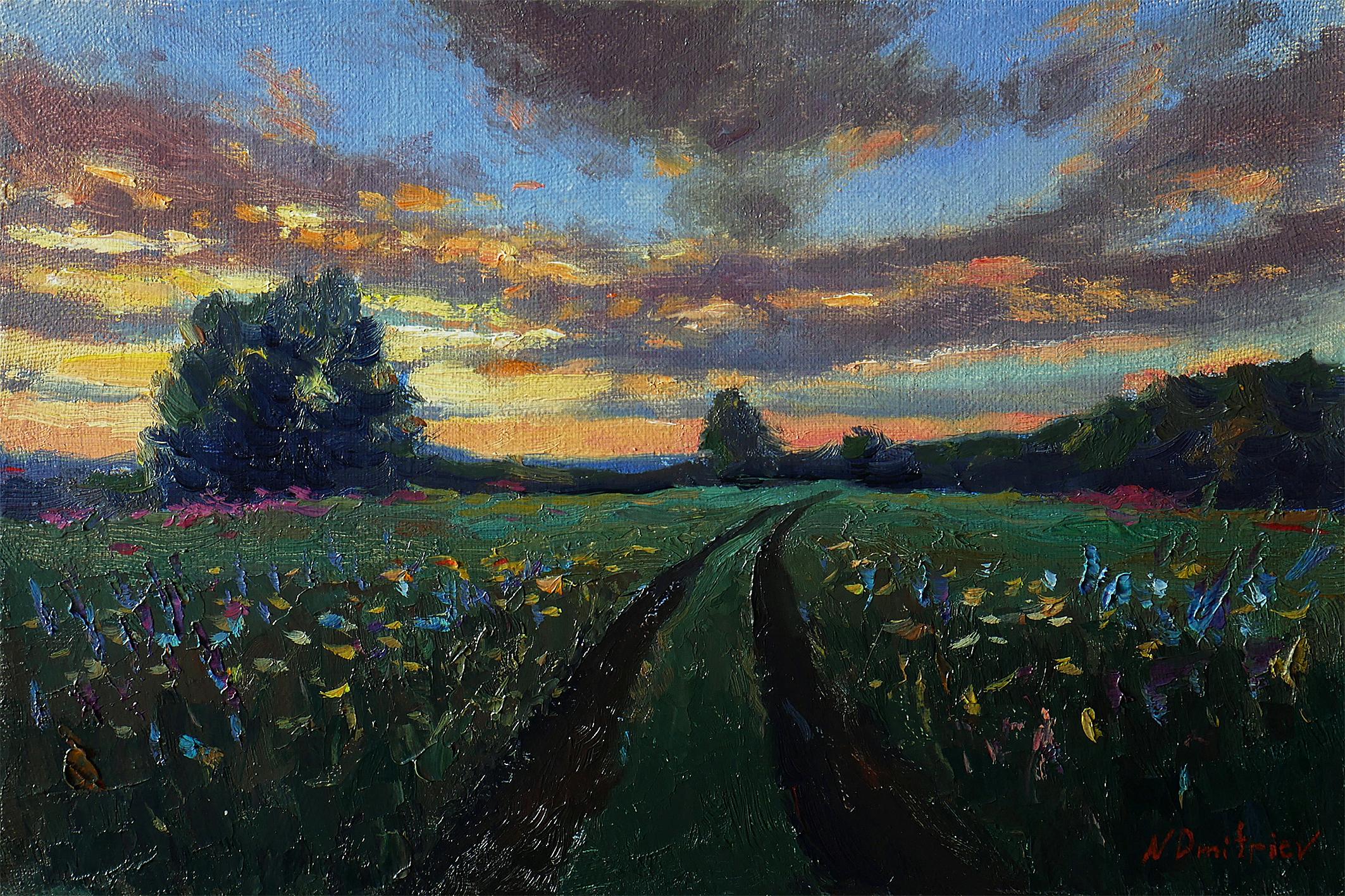 Nikolay Dmitriev Landscape Painting - Sunset Over Wildflowers Field - summer landscape painting