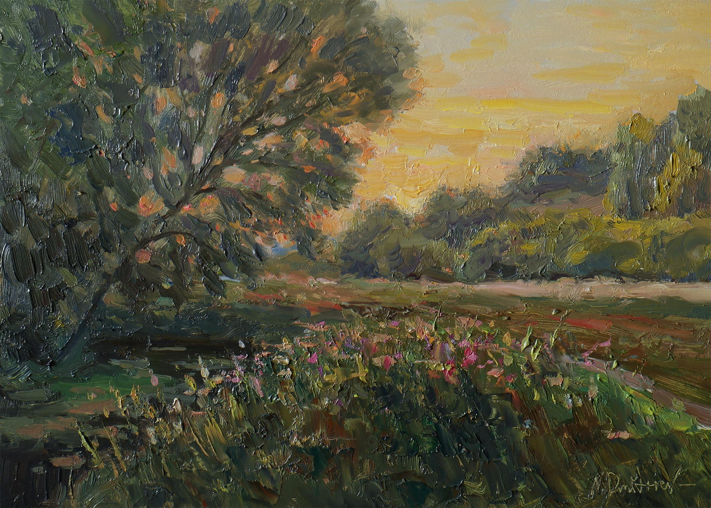 Nikolay Dmitriev Interior Painting - Sunset - summer landscape painting