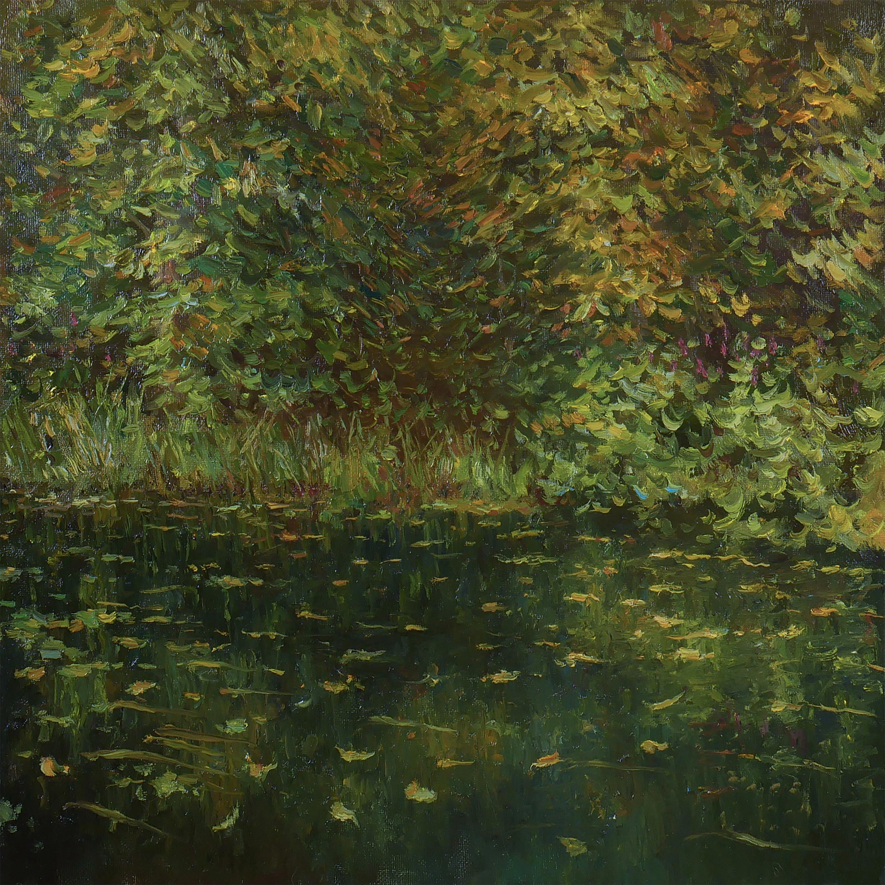 Nikolay Dmitriev Landscape Painting - The Autumn Backwater - sunny river landscape painting