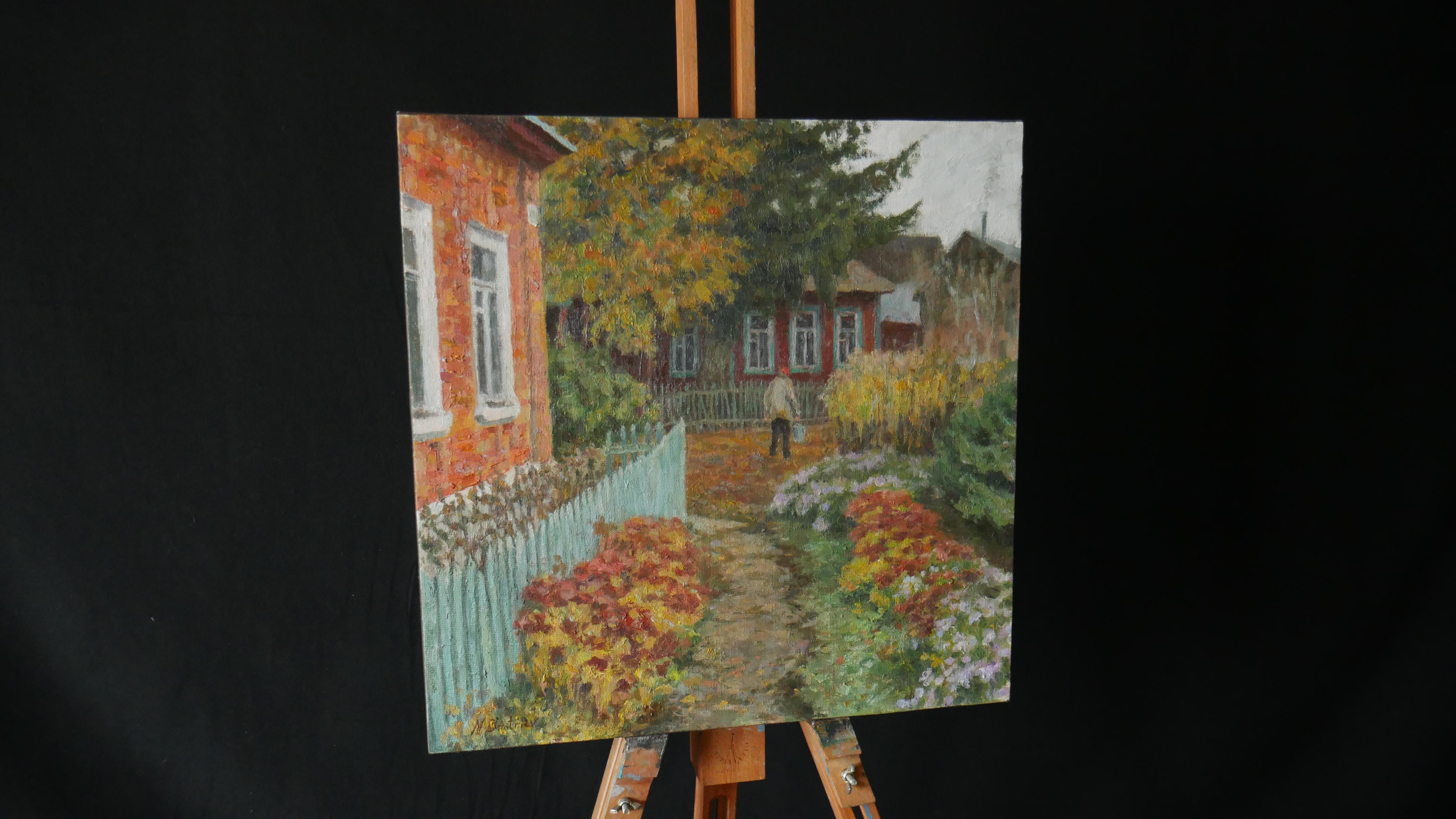 The Autumn Yard - Herbst-Landschaftsgemälde – Painting von Nikolay Dmitriev