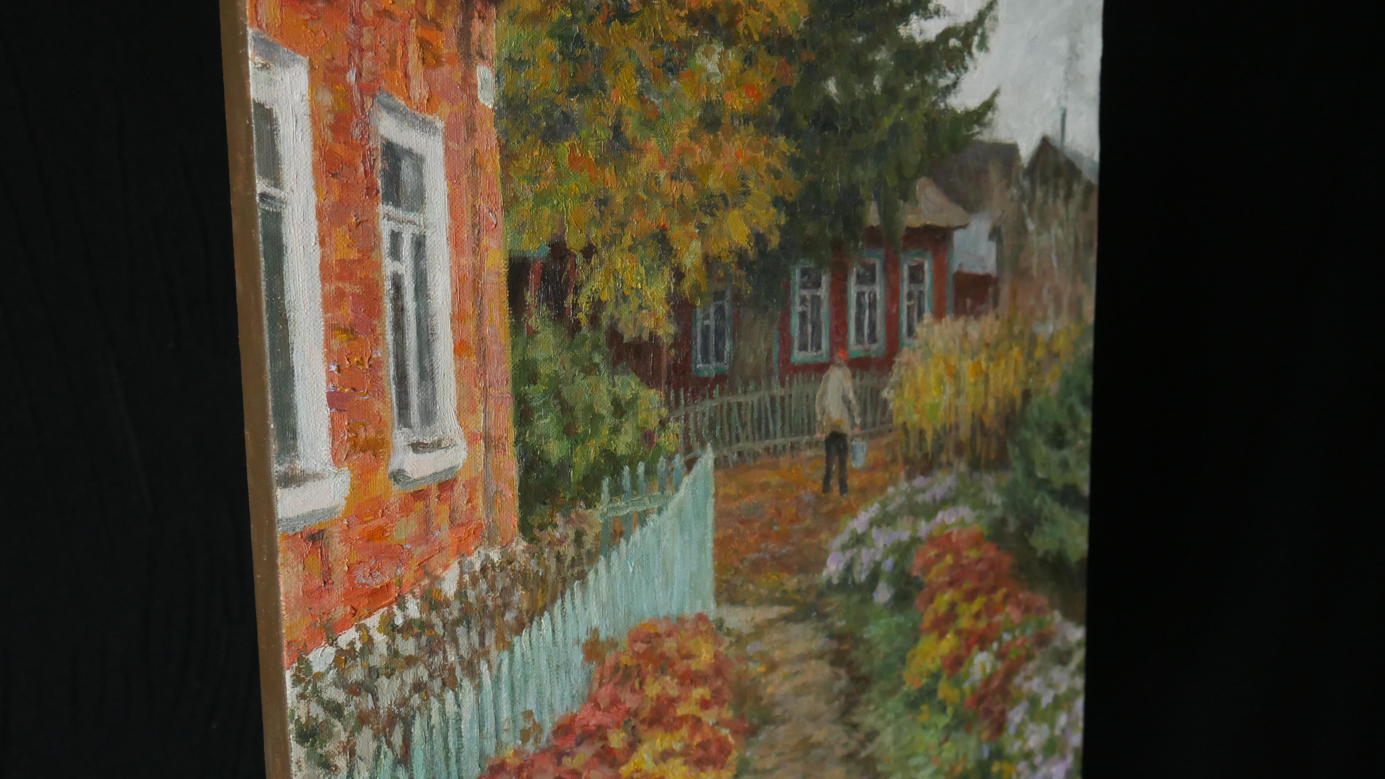 Realistische Malerei mit Herbstlandschaft ist sehr gemütlich - lila Blumen, gelbe, orange, rote Farben schaffen eine erstaunliche Herbststimmung.
Der Künstler schuf das Gemälde etwa 2 Jahre lang. Es wurde in einem der Höfe seiner Heimatstadt Townes