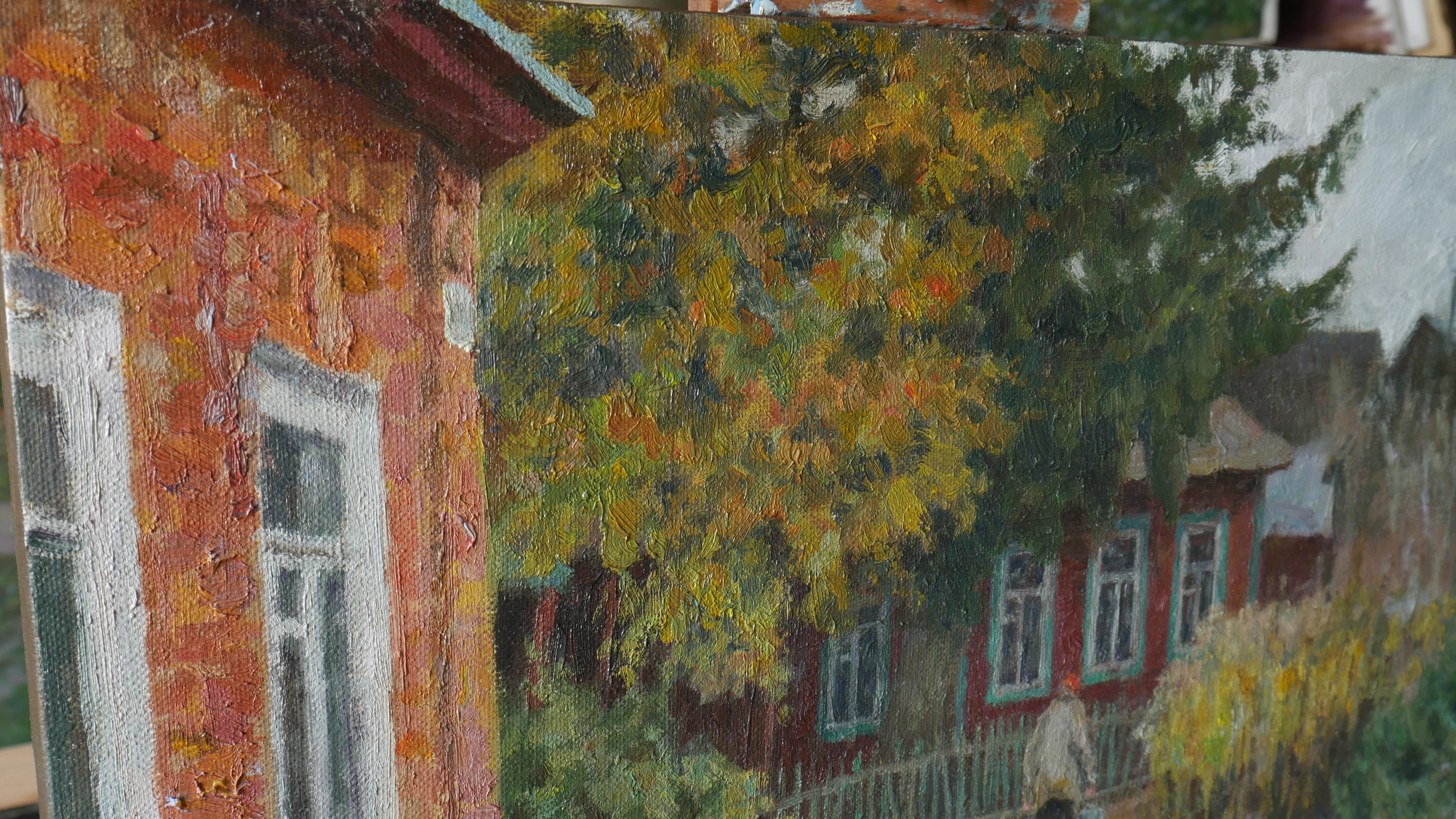 The Autumn Yard - Herbst-Landschaftsgemälde im Angebot 2