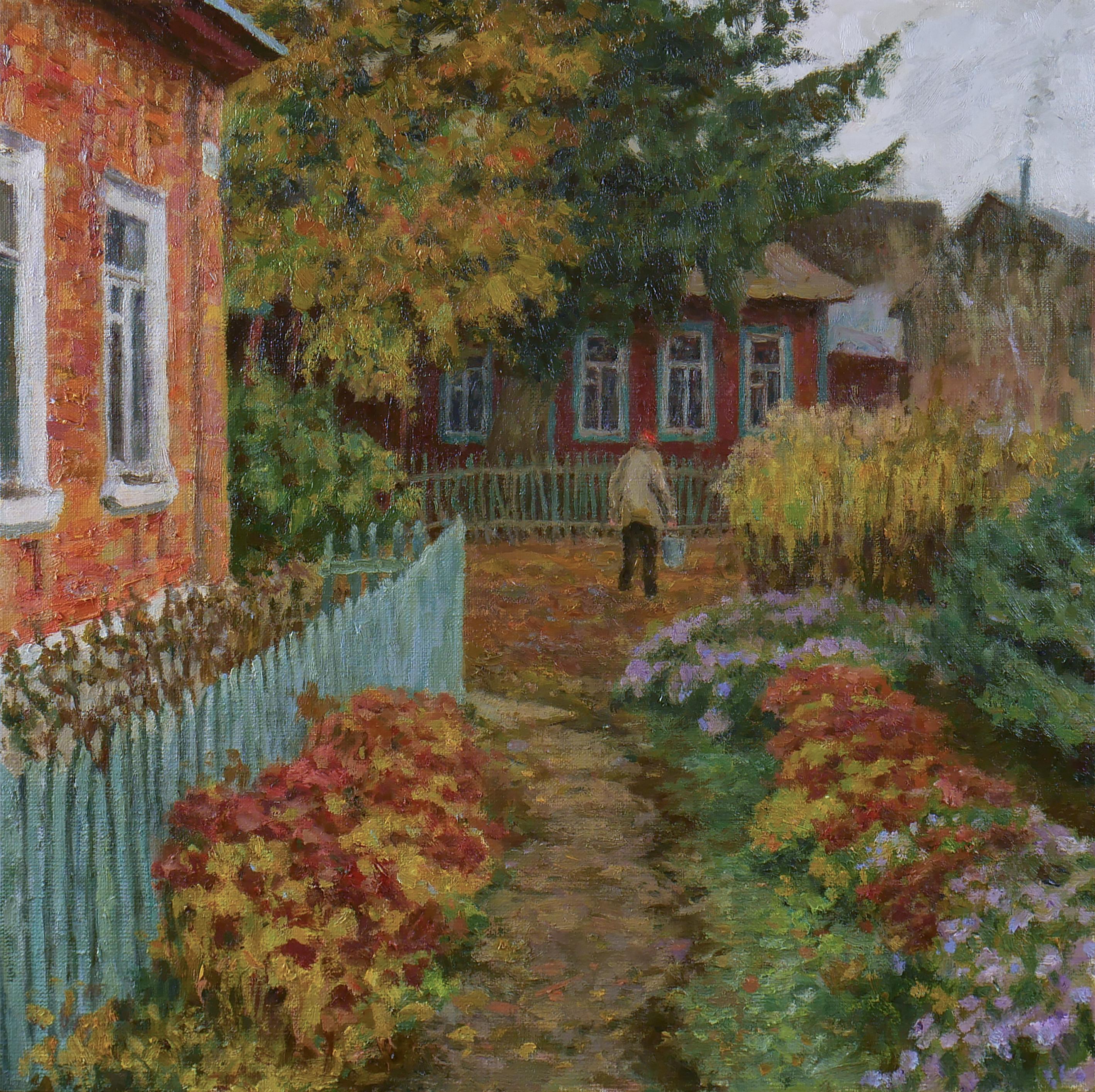 Nikolay Dmitriev Interior Painting - The Autumn Yard - autumn landscape painting