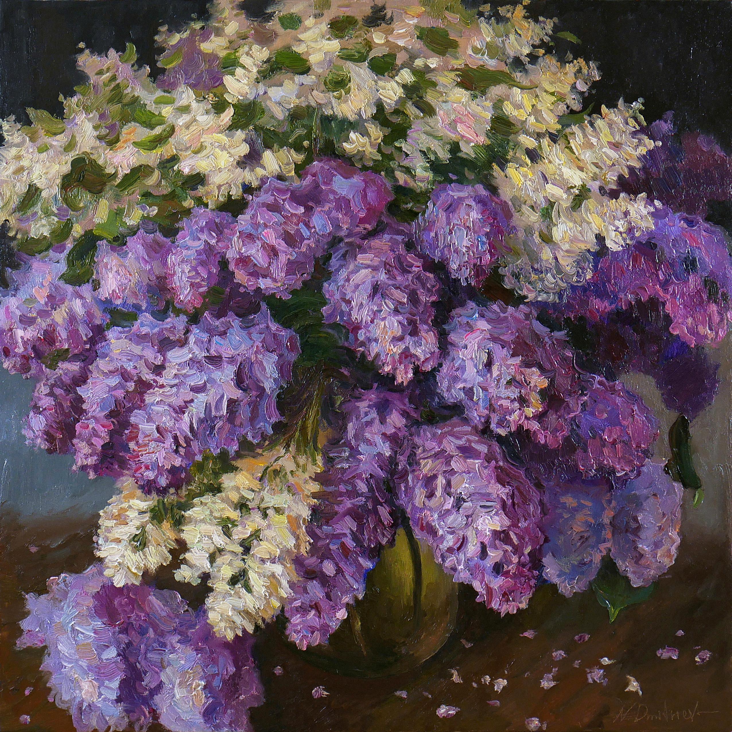 Nikolay Dmitriev Interior Painting - The Bouquet Of Aromatic Lilacs - lilacs still life painting