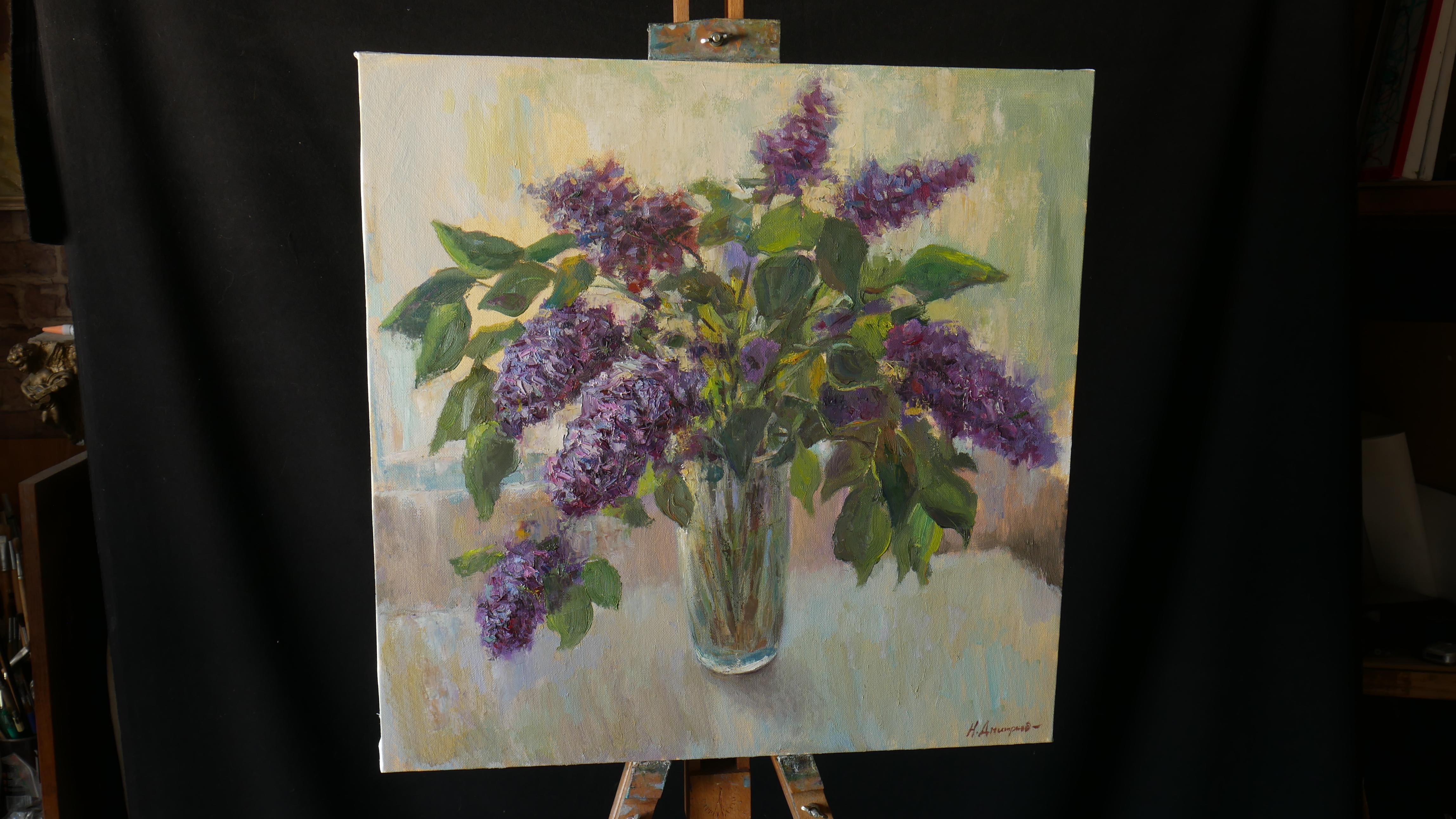 The Bouquet Of Lilacs Near the Light Window - floral still life, oil painting - Impressionist Painting by Nikolay Dmitriev