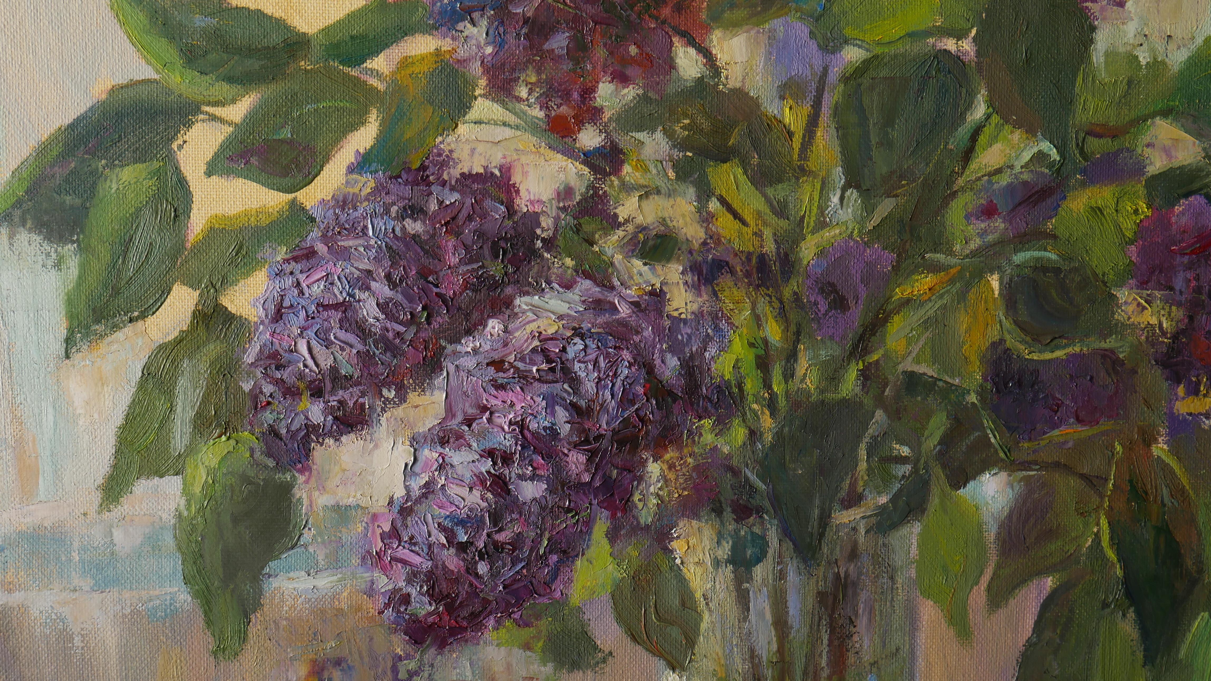 The Bouquet Of Lilacs Near the Light Window - floral still life, oil painting For Sale 1