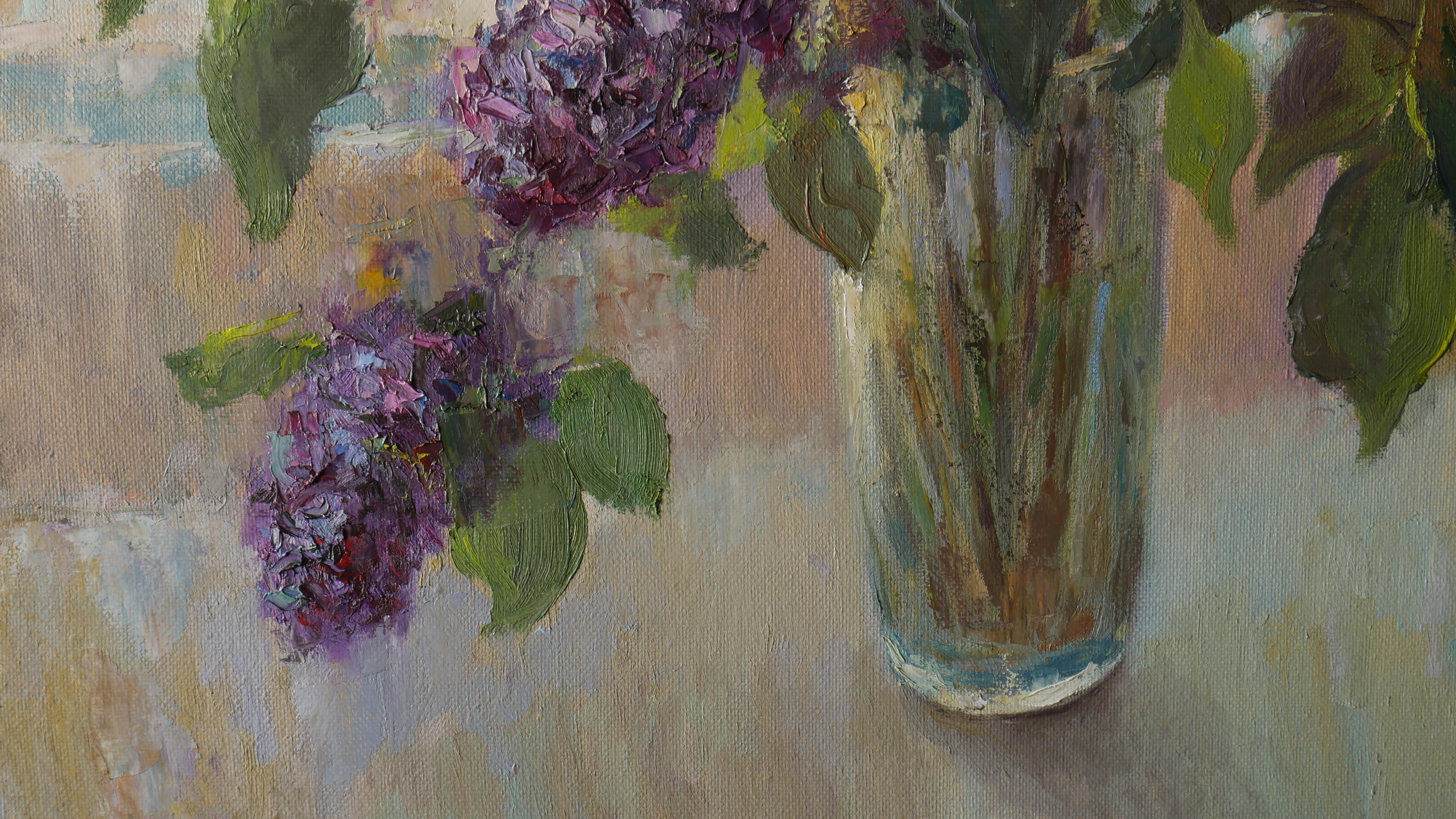 The Bouquet Of Lilacs Near the Light Window - floral still life, oil painting For Sale 4