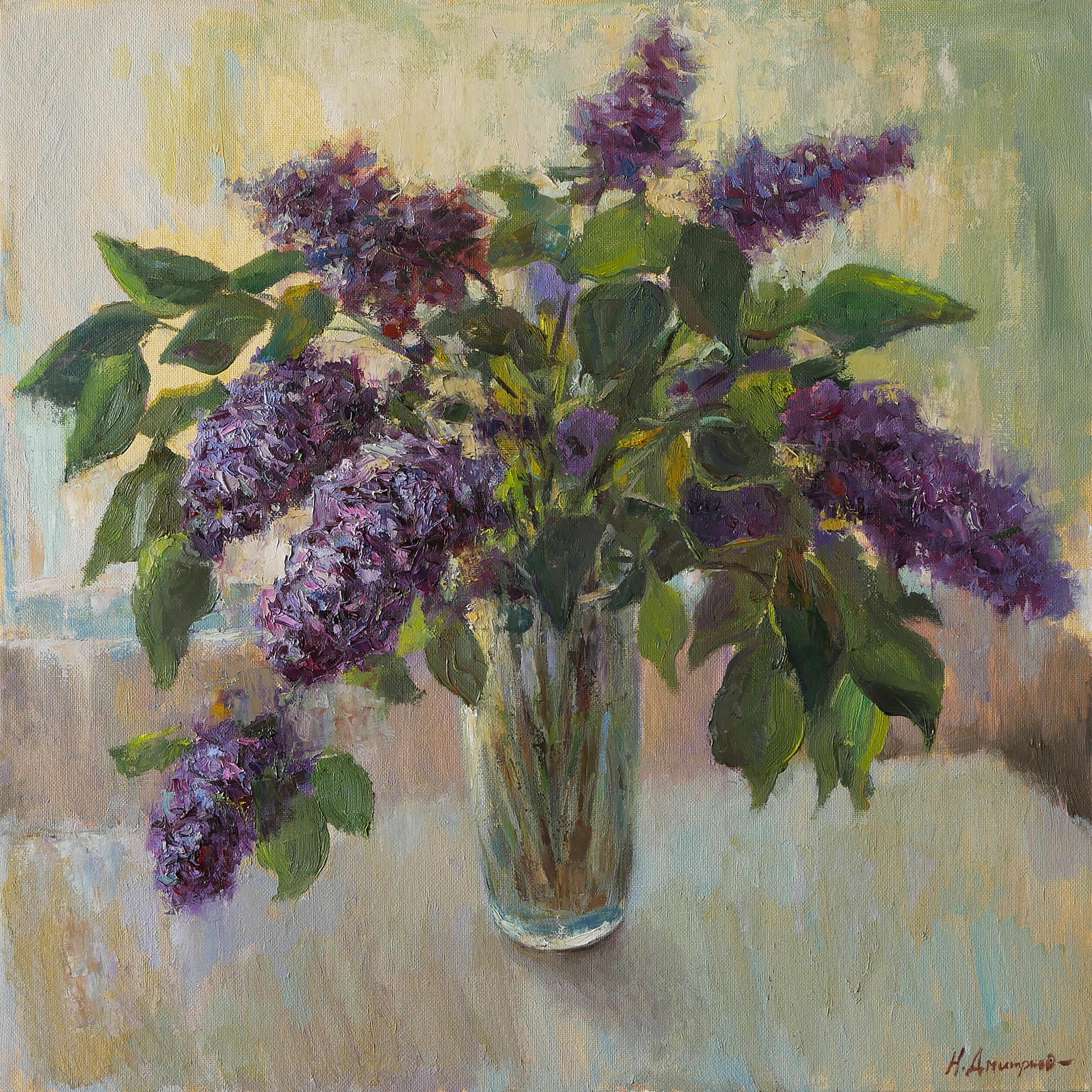 Nikolay Dmitriev Still-Life Painting - The Bouquet Of Lilacs Near the Light Window - floral still life, oil painting