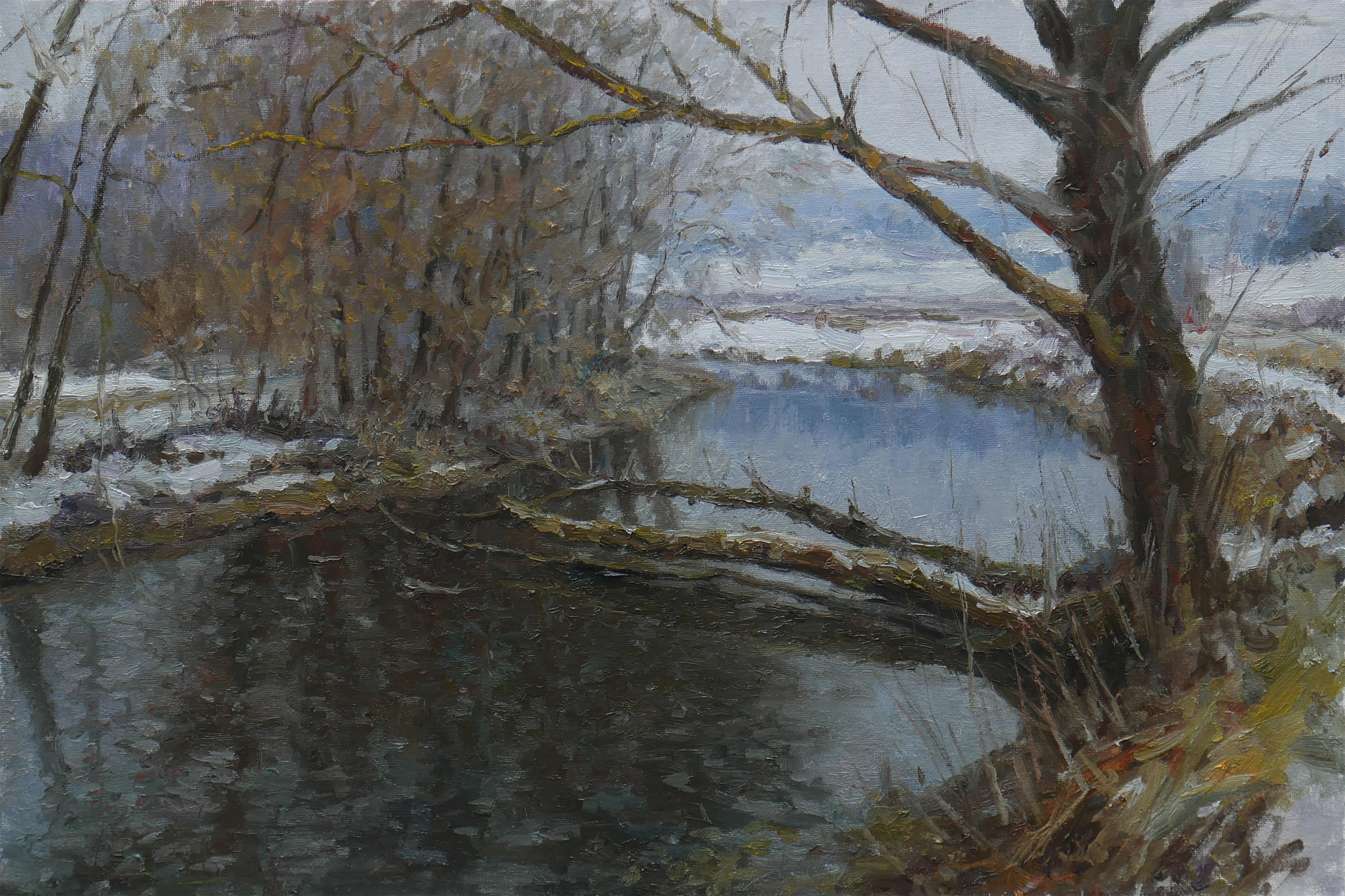 Nikolay Dmitriev Interior Painting – Cold Banks – Flusslandschaftsgemälde