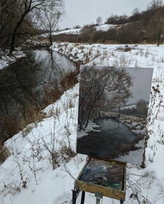 Il fiume freddo d'inverno - dipinto di paesaggio invernale