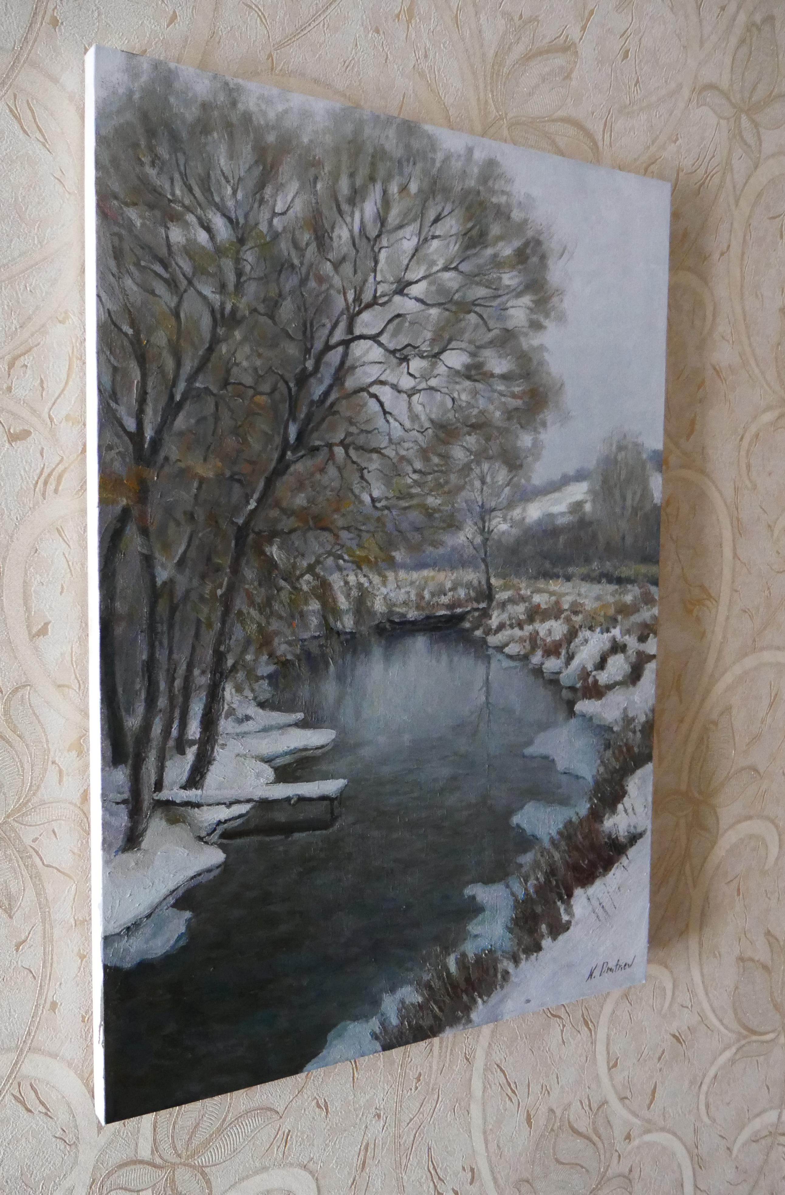 The Cold Winter River - winter landscape painting - Realist Painting by Nikolay Dmitriev