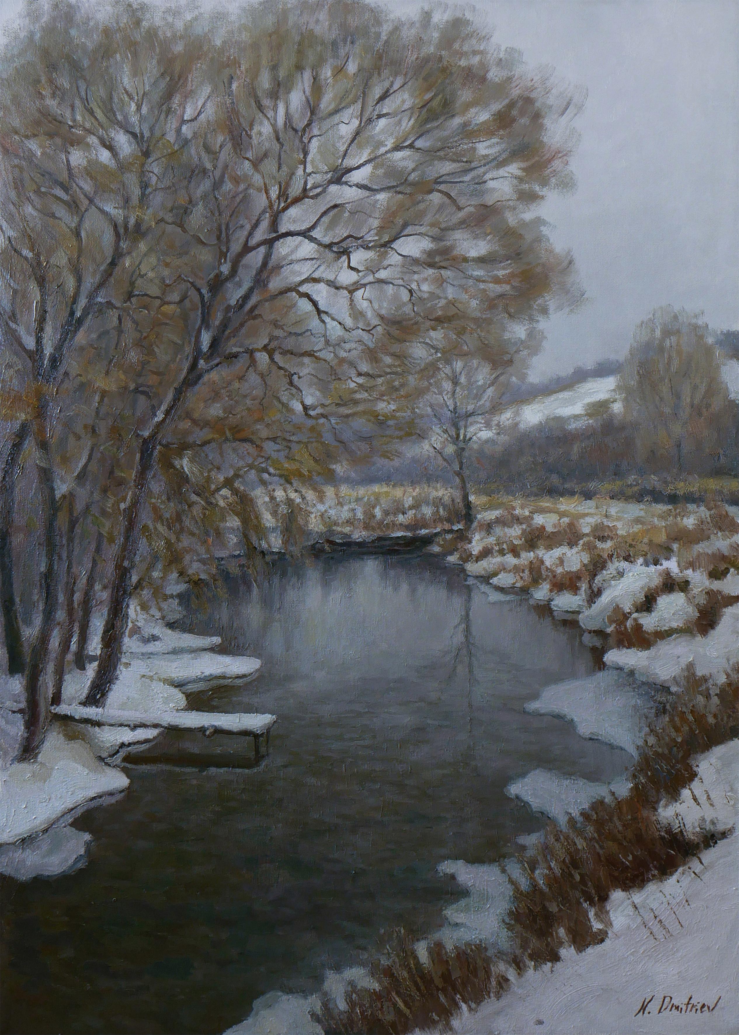 Il fiume freddo d'inverno - dipinto di paesaggio invernale