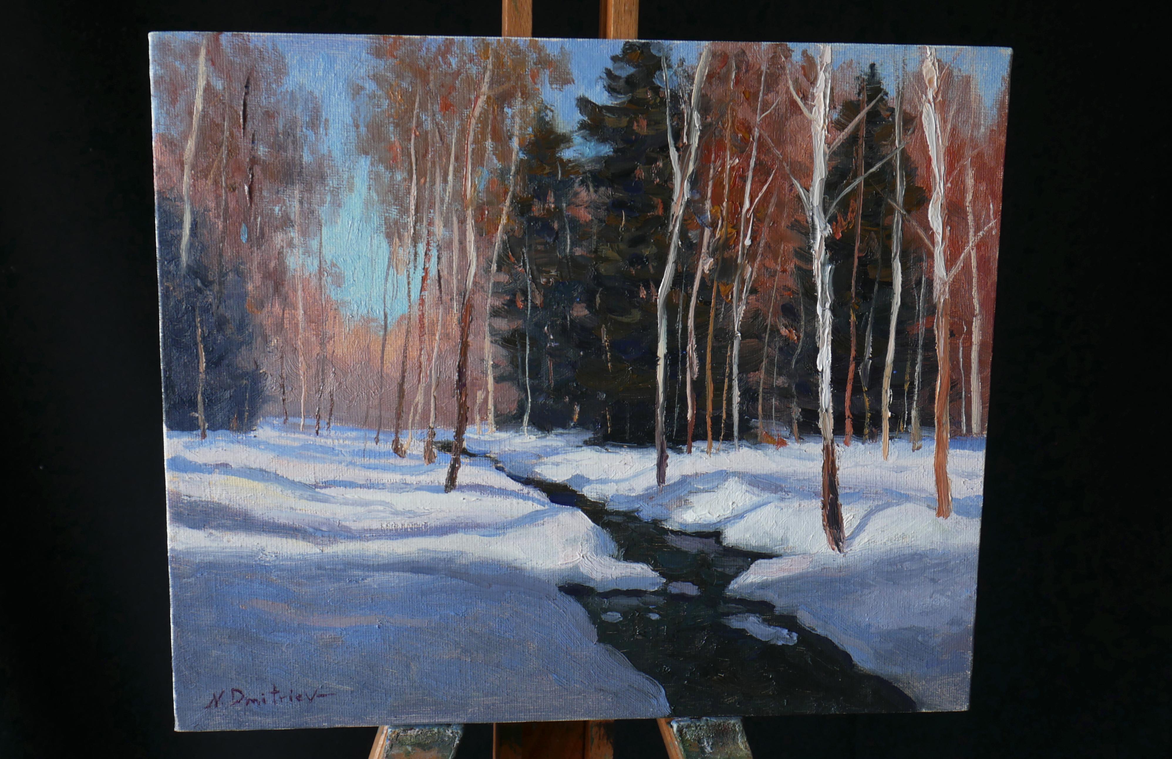 The Forest Brook - original sunny landscape, winter painting - Painting by Nikolay Dmitriev