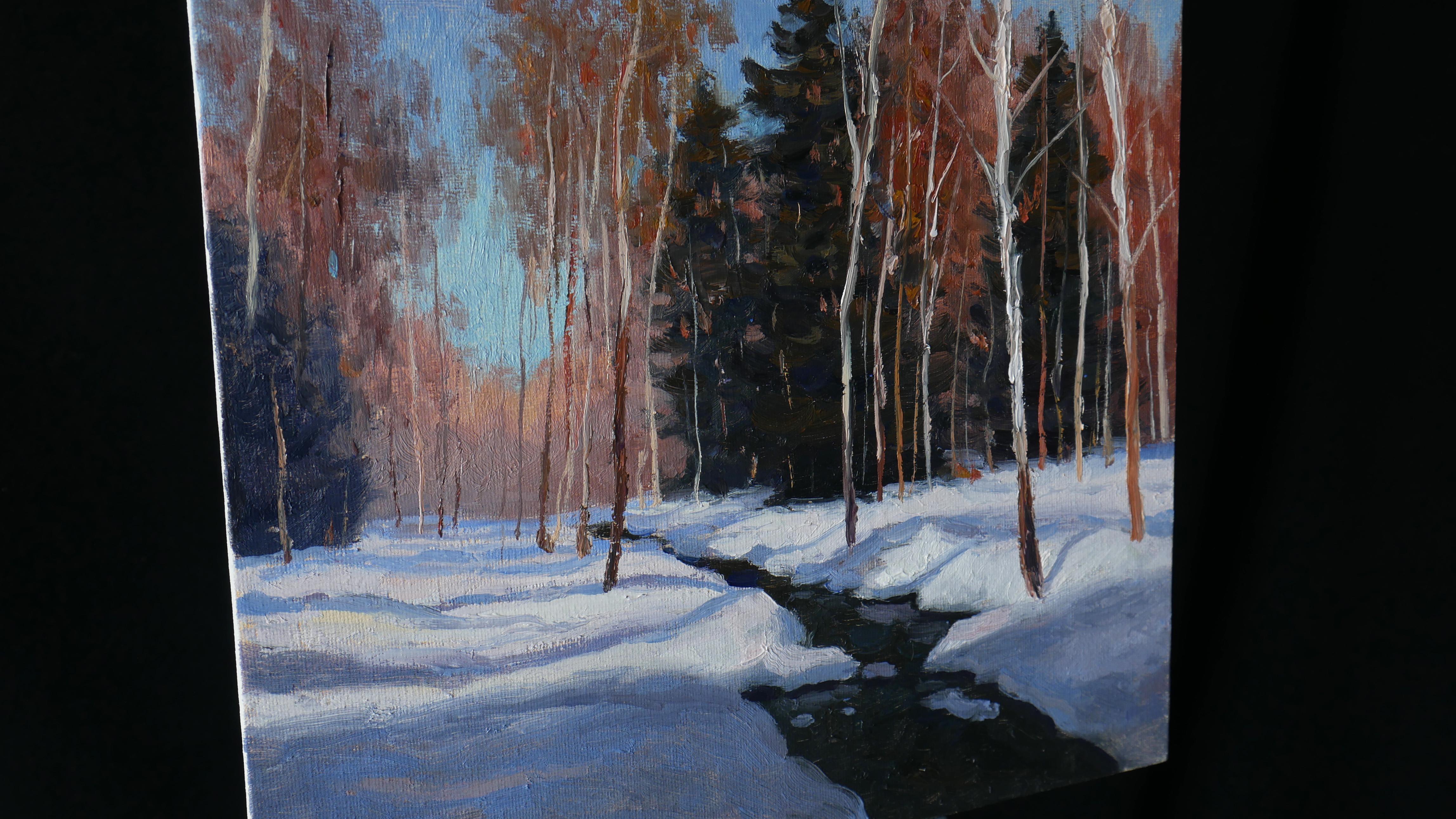 The Forest Brook - original sunny landscape, winter painting - Impressionist Painting by Nikolay Dmitriev