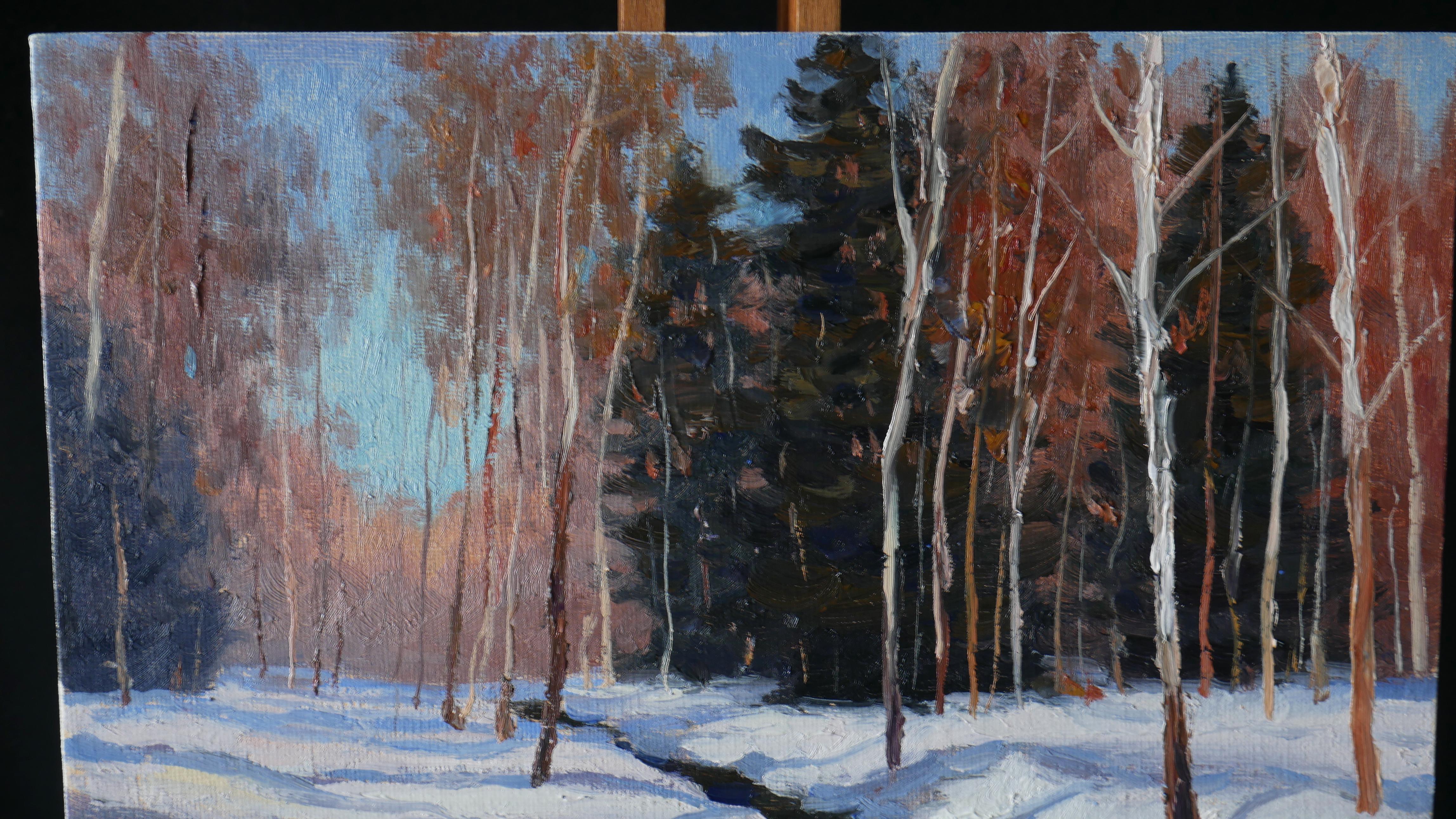 The impressionist winter painting is a beautiful wall decor, the painting is full of different colours, combinations of warm and cold shades are professionally captured by the artist. Snowdrifts among birch and spruce trees, frosty air create a