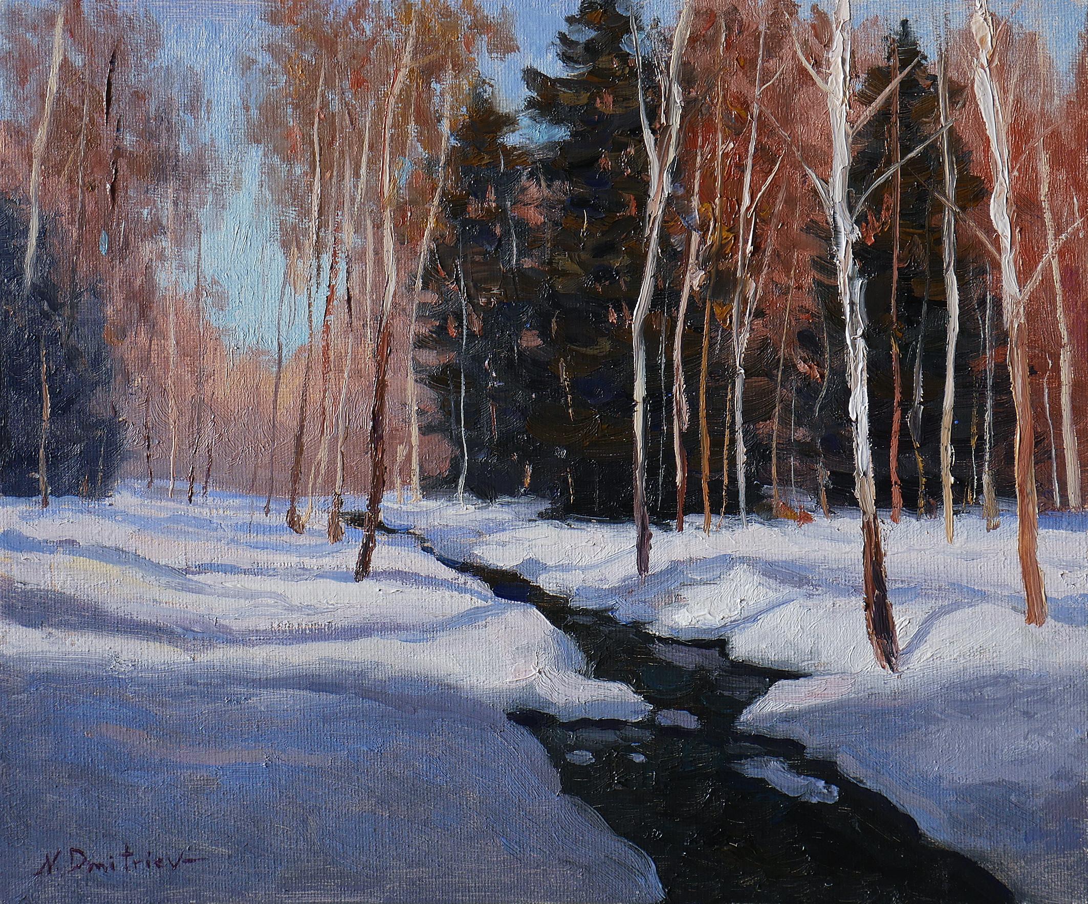 Nikolay Dmitriev Landscape Painting - The Forest Brook - original sunny landscape, winter painting