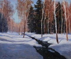 The Forest Brook – originale sonnige Landschaft, Wintergemälde