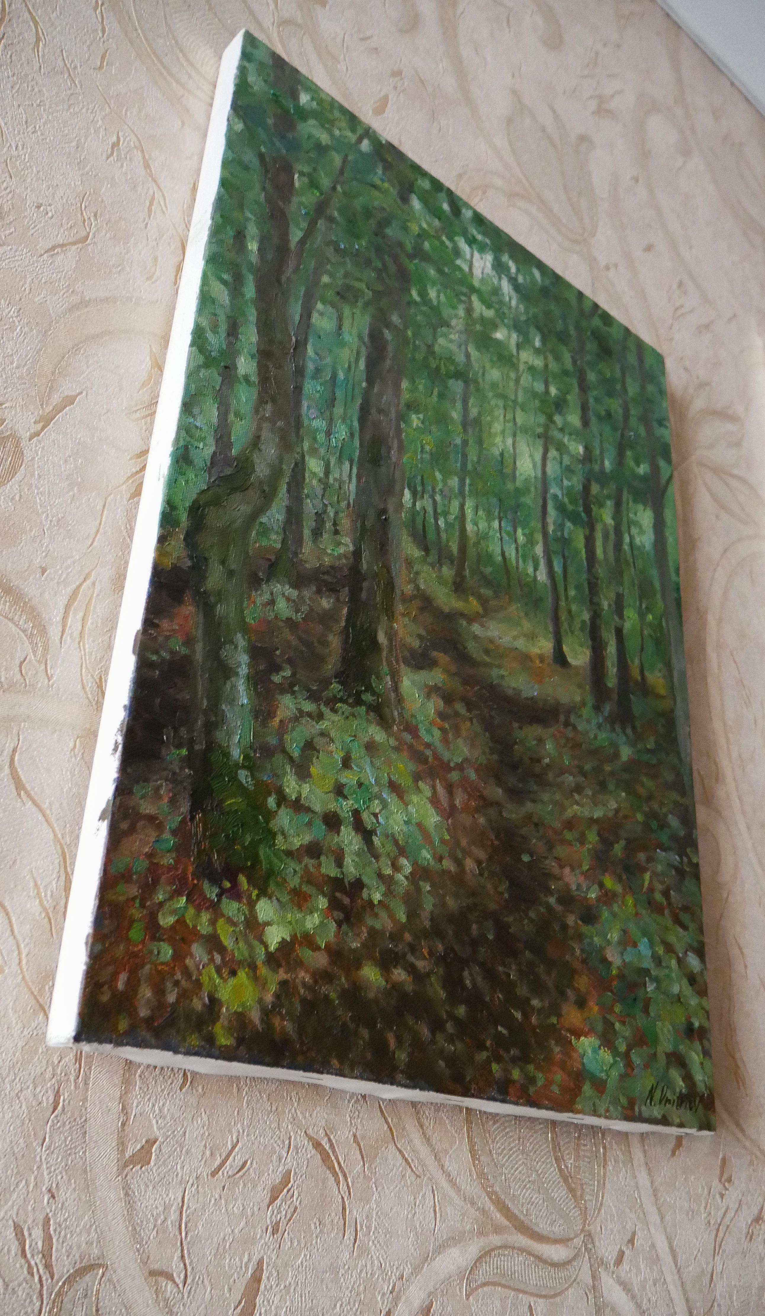 Green color always gives us calm. When we come to the forest we feel peace.
The artist believes that each of us knows that feeling, when you are walking the forest path, You hear the noise of leaves and the birdsong.

The picture is author's and