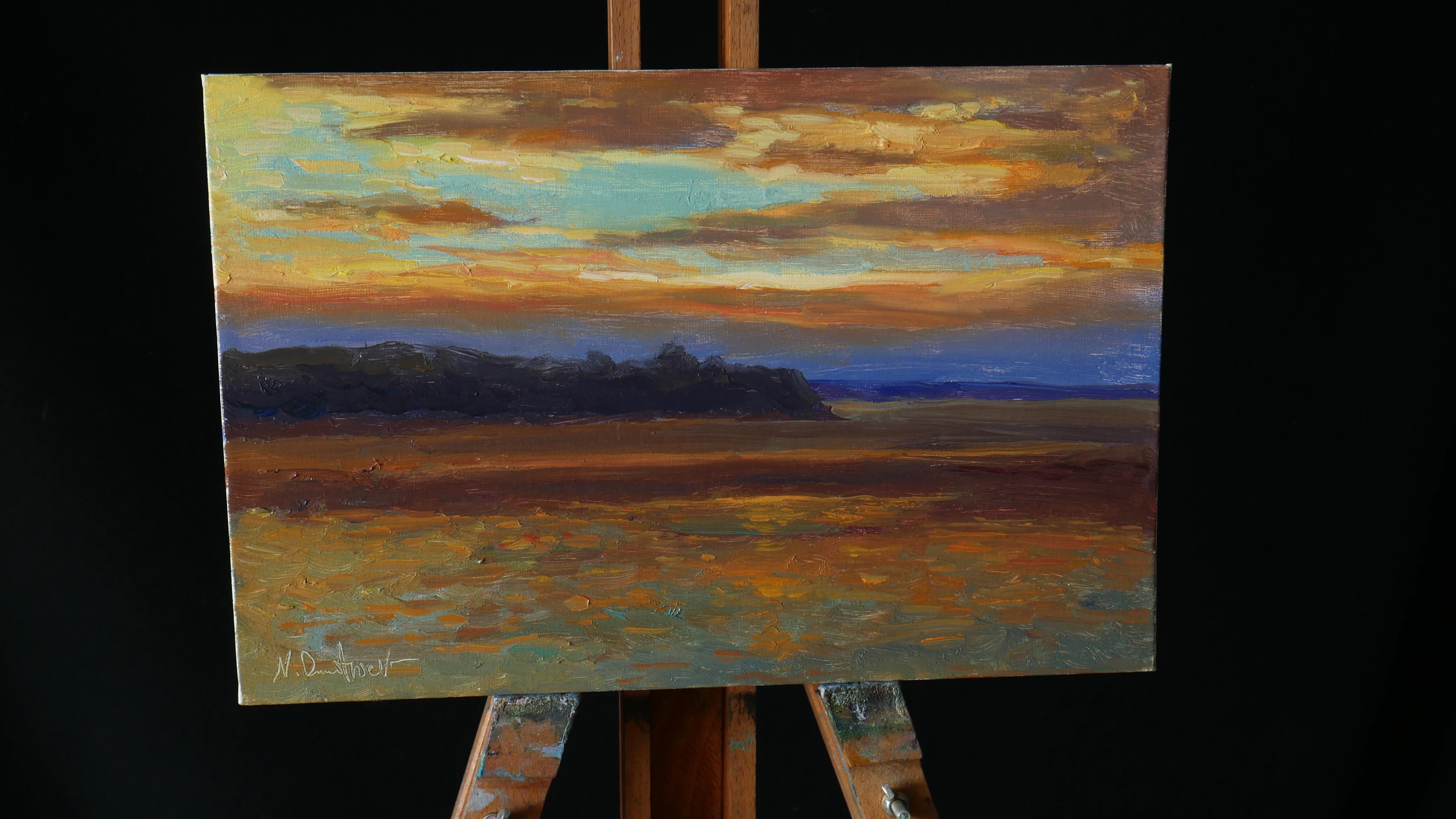 The Golden Sunset - original sunny landscape, painting - Painting by Nikolay Dmitriev